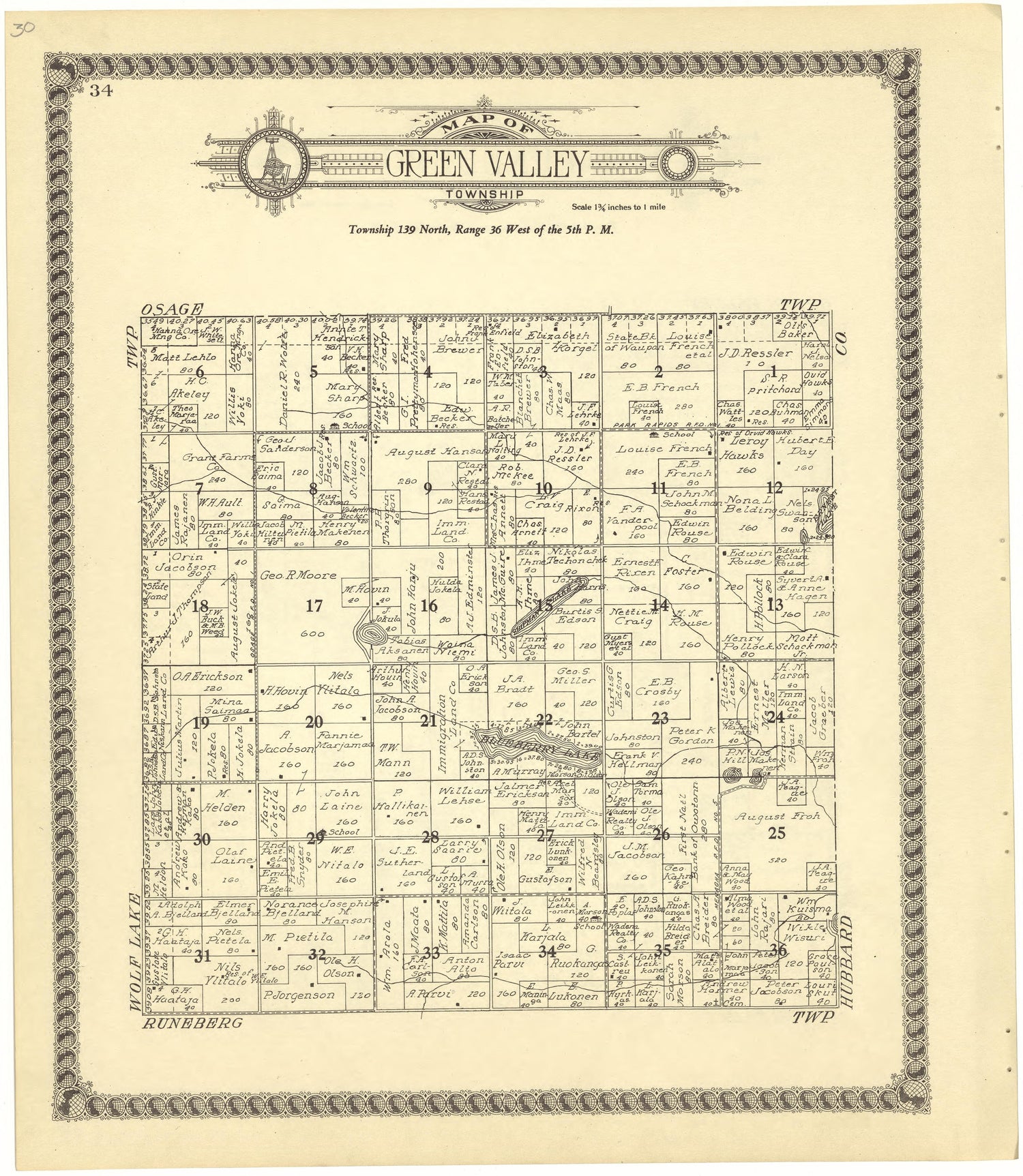 Map of Green Valley Township from Standard Atlas of Becker County, Minnesota : Including a Plat Book of the Villages, Cities and Townships of the County, Map of the State, United States and World : Patrons Directory, Reference … 1929 by Relic Map Company