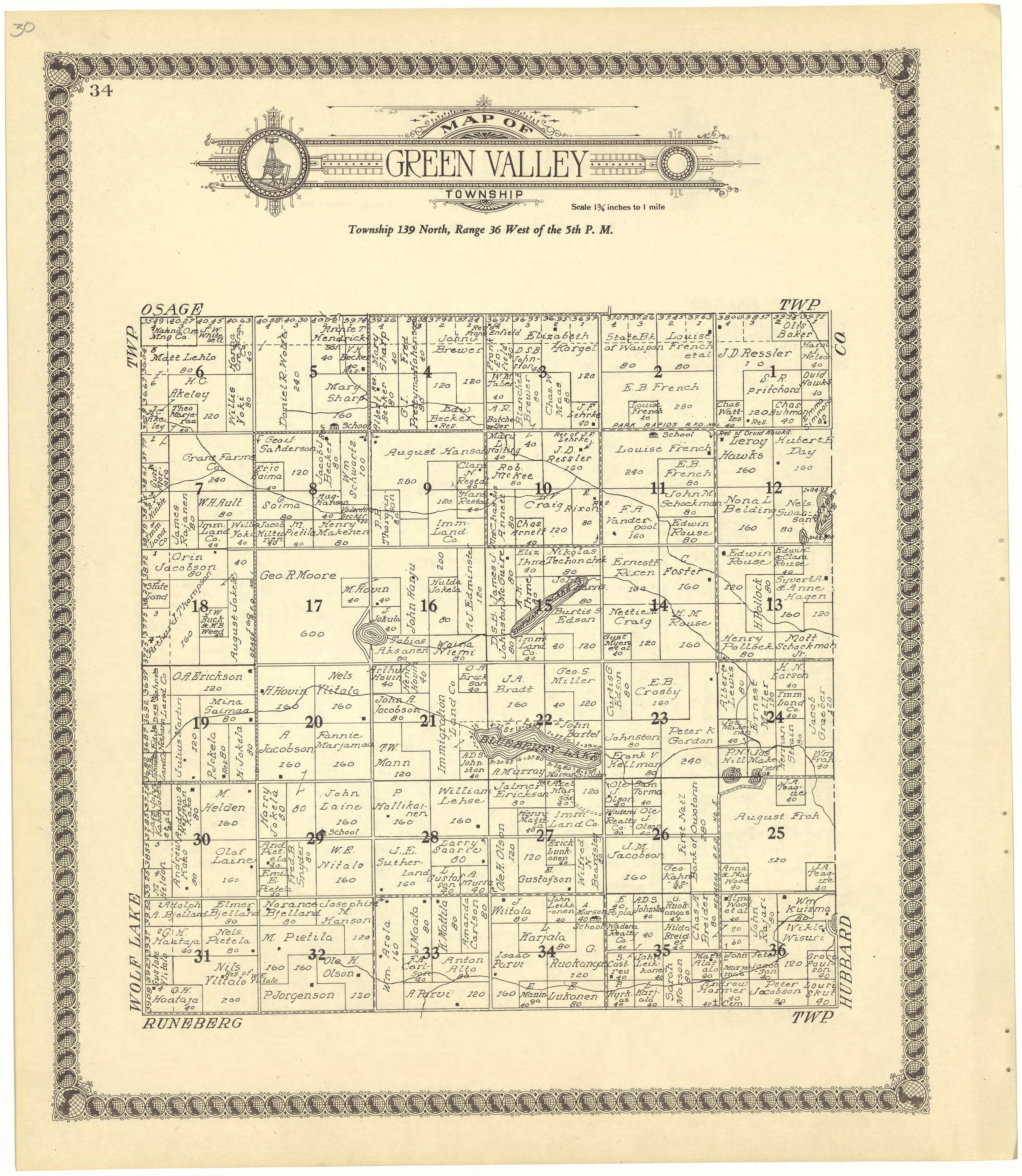 Map of Green Valley Township from Standard Atlas of Becker County, Minnesota : Including a Plat Book of the Villages, Cities and Townships of the County, Map of the State, United States and World : Patrons Directory, Reference … 1929 by Relic Map Company