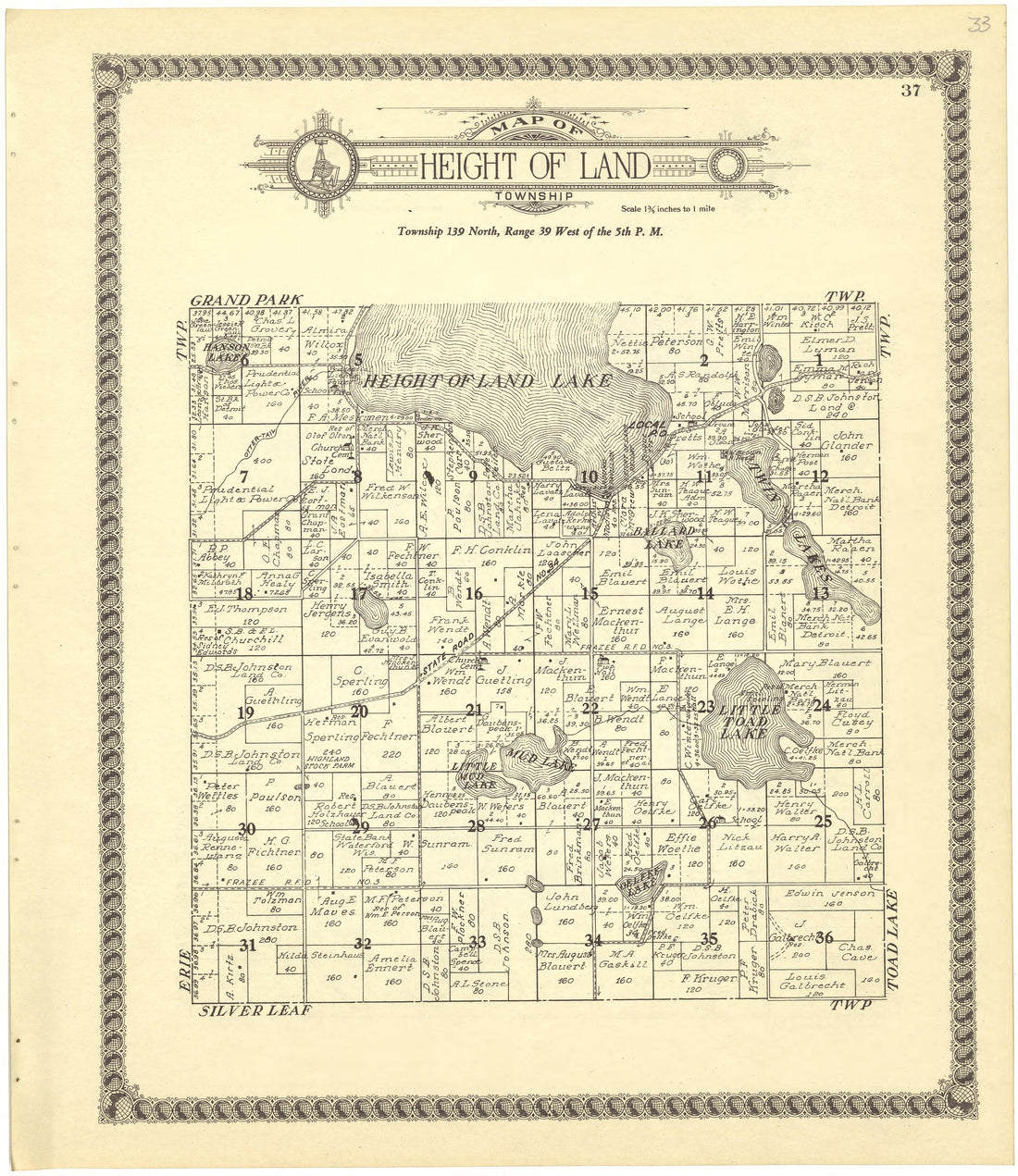 Map of Height of Land Township from Standard Atlas of Becker County, Minnesota : Including a Plat Book of the Villages, Cities and Townships of the County, Map of the State, United States and World : Patrons Directory, Reference … 1929 by Relic Map Company