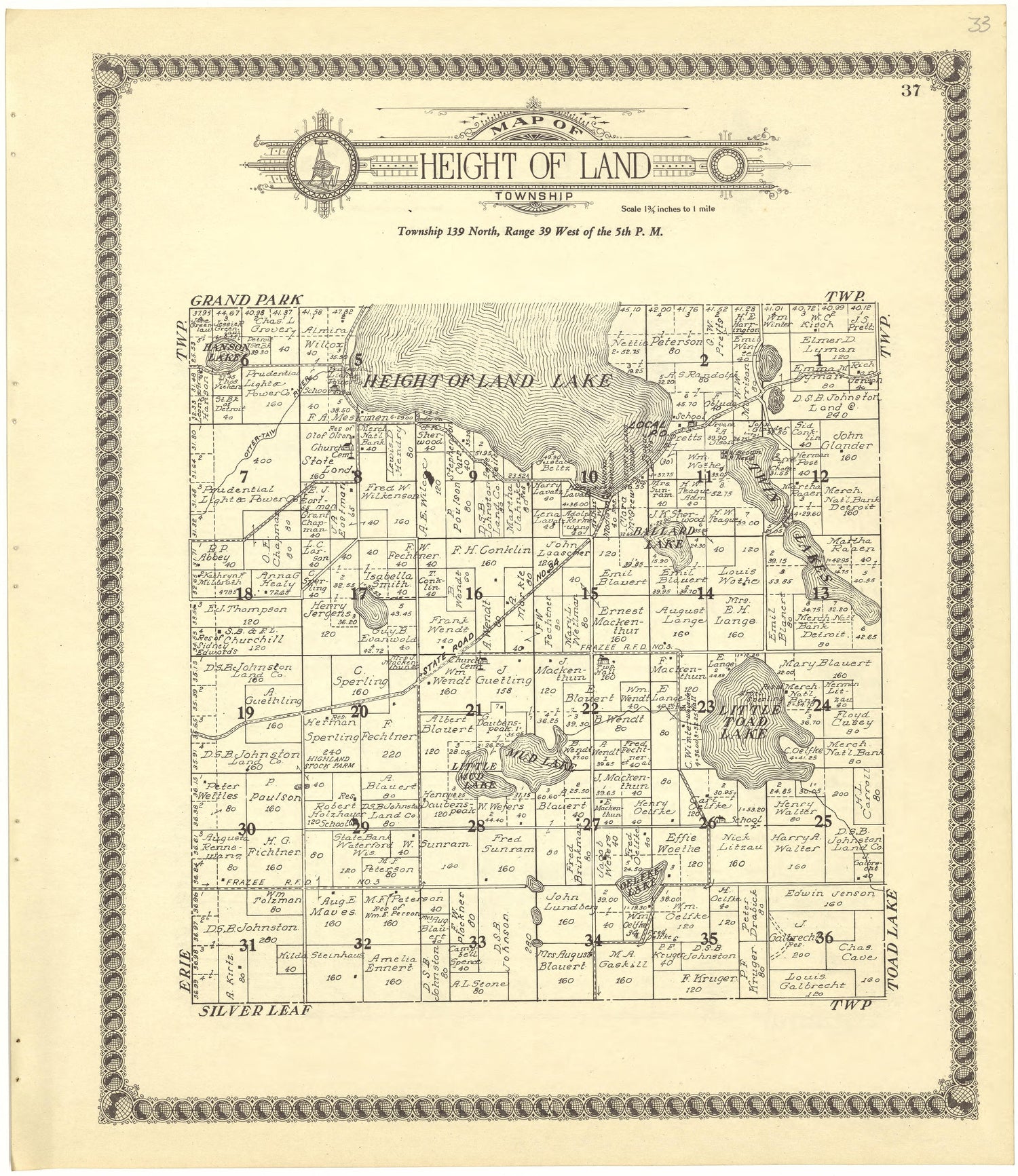 Map of Height of Land Township from Standard Atlas of Becker County, Minnesota : Including a Plat Book of the Villages, Cities and Townships of the County, Map of the State, United States and World : Patrons Directory, Reference … 1929 by Relic Map Company