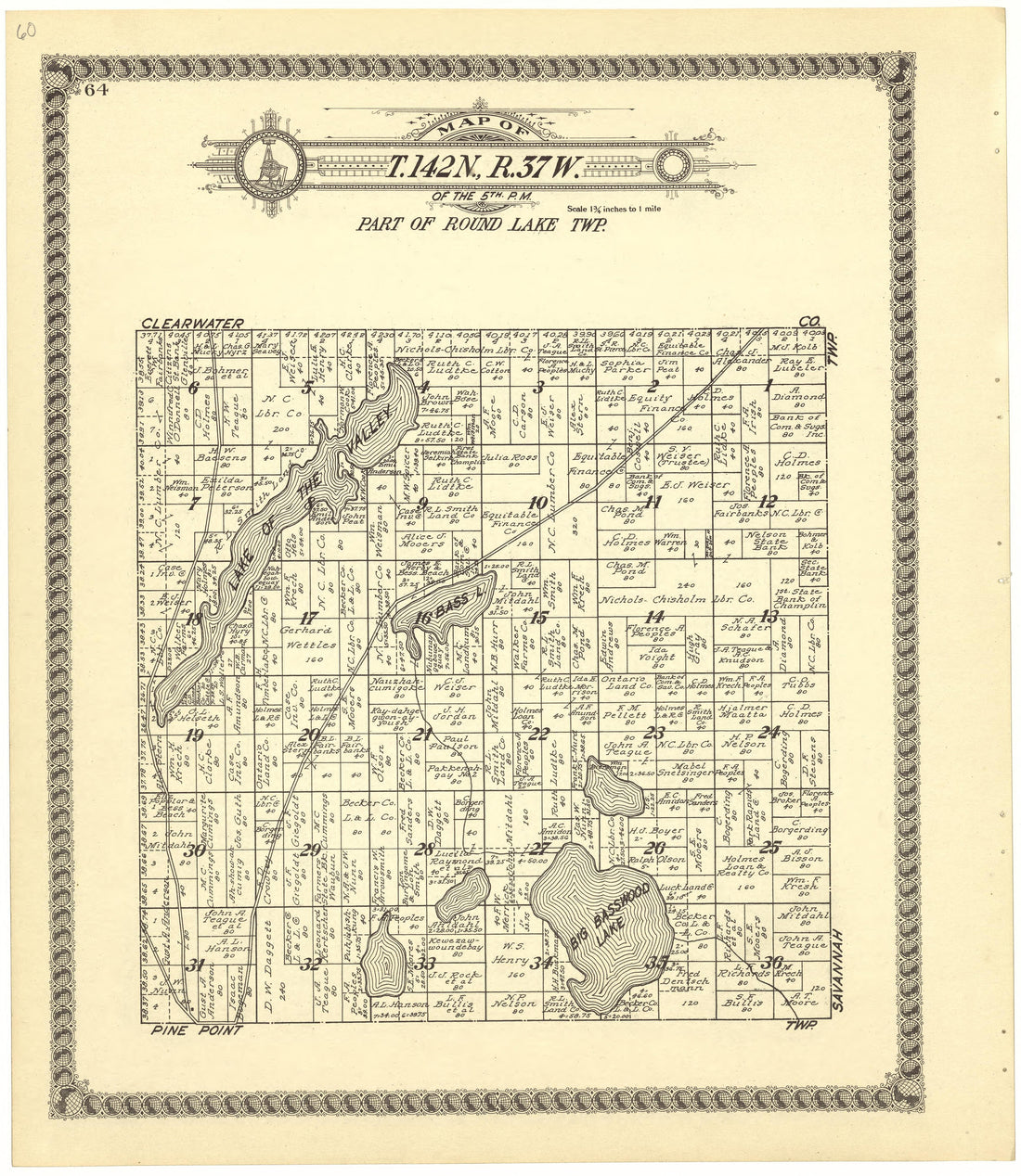 Map of T.142N.,R.37W from Standard Atlas of Becker County, Minnesota : Including a Plat Book of the Villages, Cities and Townships of the County, Map of the State, United States and World : Patrons Directory, Reference … 1929 by Relic Map Company