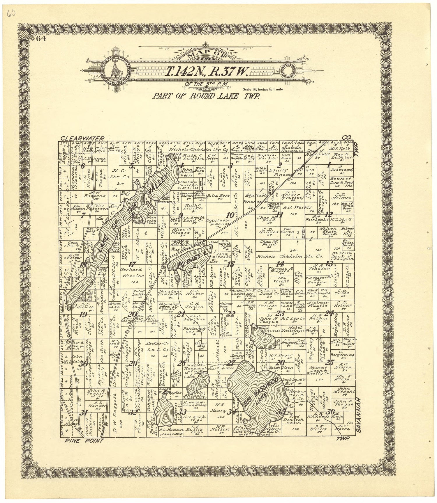 Map of T.142N.,R.37W from Standard Atlas of Becker County, Minnesota : Including a Plat Book of the Villages, Cities and Townships of the County, Map of the State, United States and World : Patrons Directory, Reference … 1929 by Relic Map Company