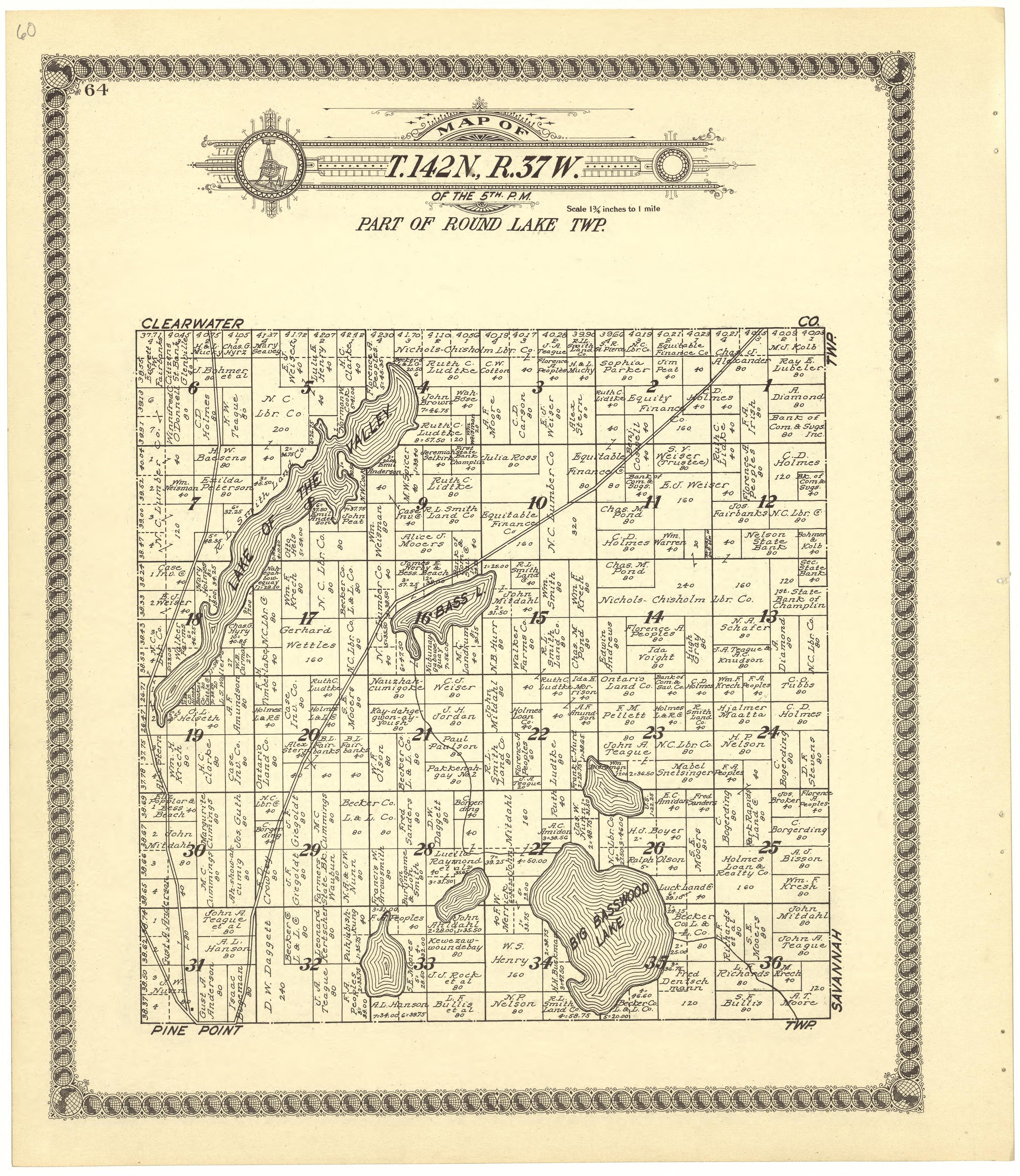 Map of T.142N.,R.37W from Standard Atlas of Becker County, Minnesota : Including a Plat Book of the Villages, Cities and Townships of the County, Map of the State, United States and World : Patrons Directory, Reference … 1929 by Relic Map Company