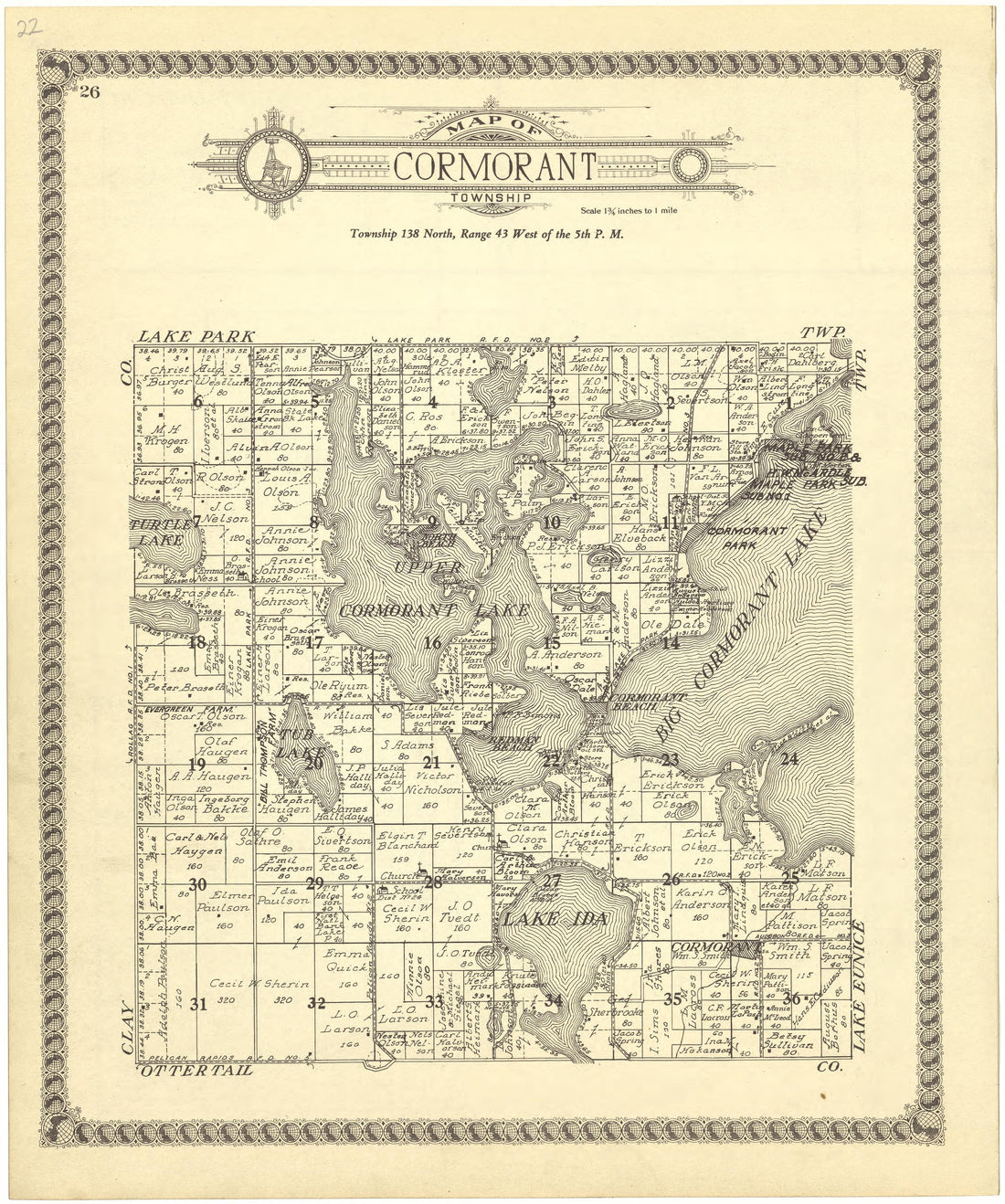 Map of Cormorant Township from Standard Atlas of Becker County, Minnesota : Including a Plat Book of the Villages, Cities and Townships of the County, Map of the State, United States and World : Patrons Directory, Reference … 1929 by Relic Map Company