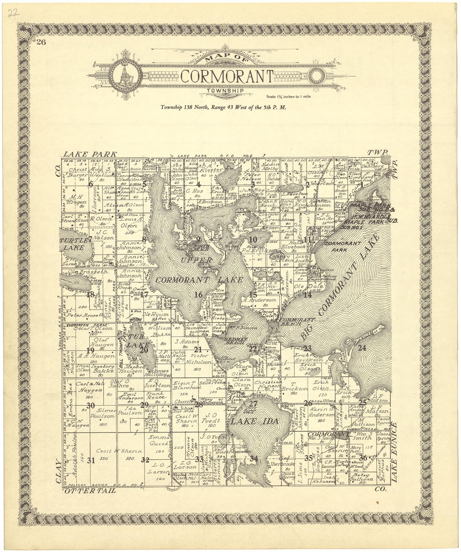 Map of Cormorant Township from Standard Atlas of Becker County, Minnesota : Including a Plat Book of the Villages, Cities and Townships of the County, Map of the State, United States and World : Patrons Directory, Reference … 1929 by Relic Map Company