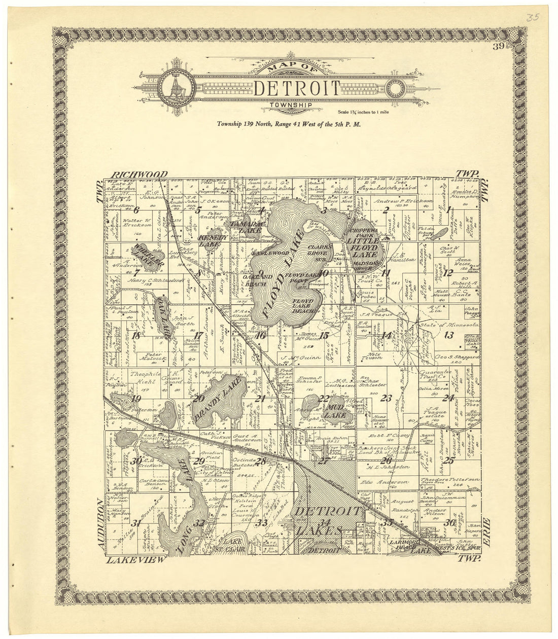 Map of Detroit Township from Standard Atlas of Becker County, Minnesota : Including a Plat Book of the Villages, Cities and Townships of the County, Map of the State, United States and World : Patrons Directory, Reference … 1929 by Relic Map Company
