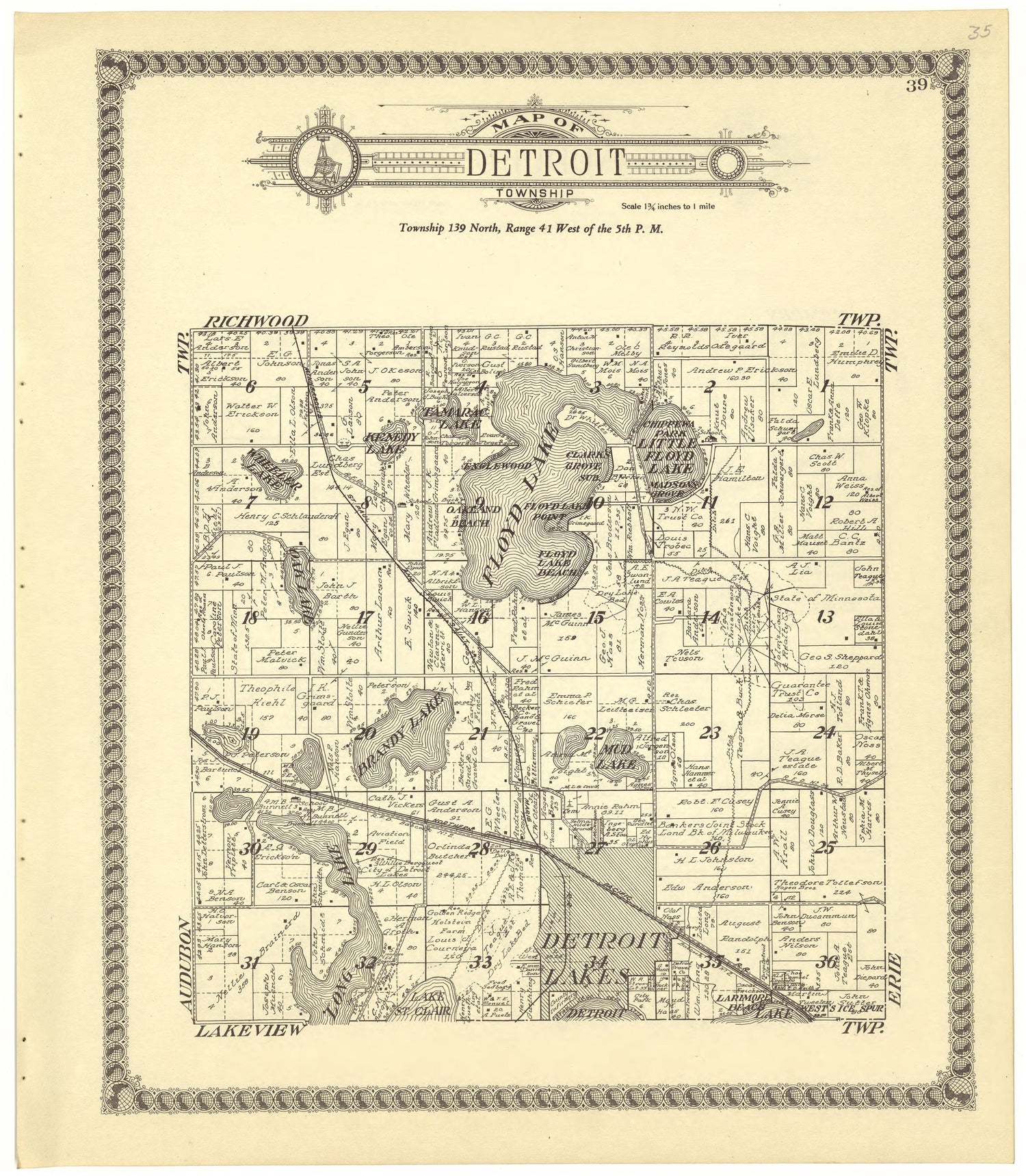 Map of Detroit Township from Standard Atlas of Becker County, Minnesota : Including a Plat Book of the Villages, Cities and Townships of the County, Map of the State, United States and World : Patrons Directory, Reference … 1929 by Relic Map Company