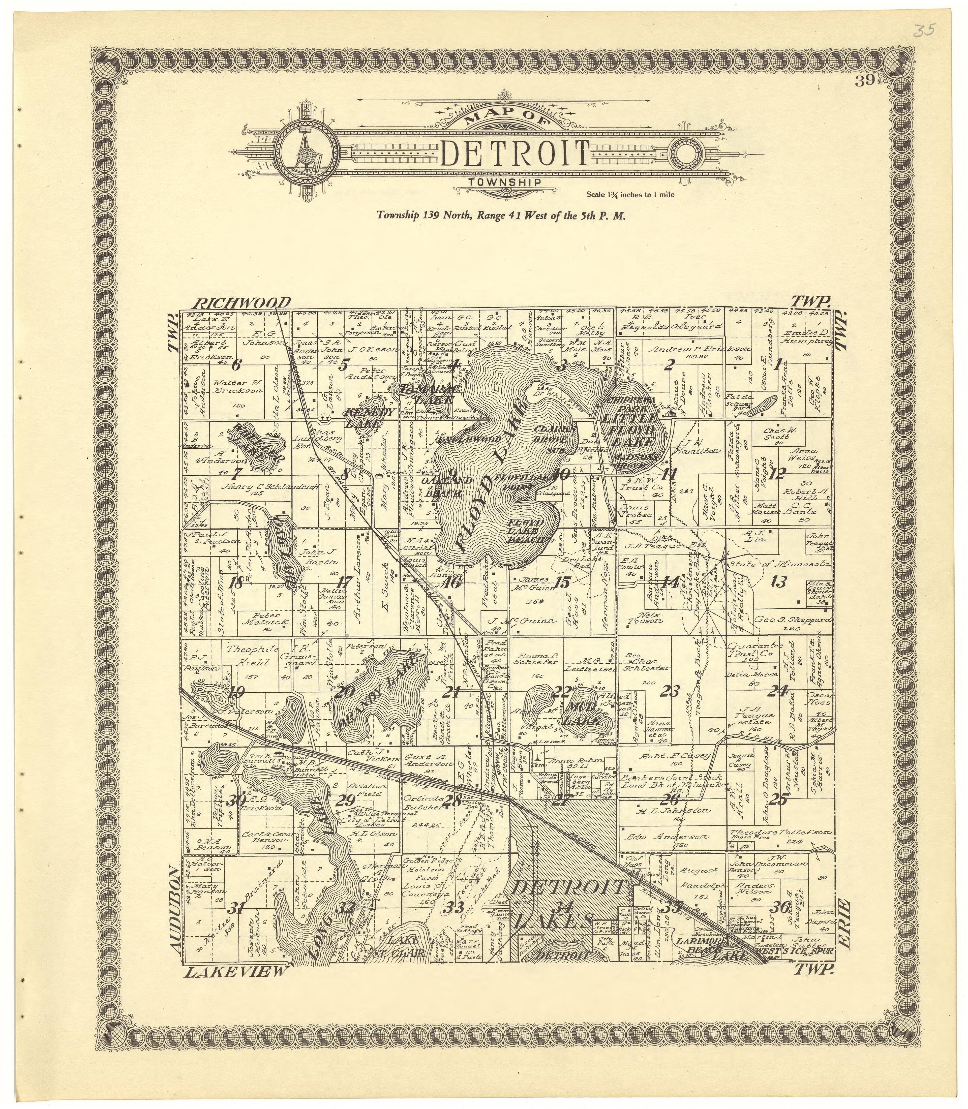Map of Detroit Township from Standard Atlas of Becker County, Minnesota : Including a Plat Book of the Villages, Cities and Townships of the County, Map of the State, United States and World : Patrons Directory, Reference … 1929 by Relic Map Company