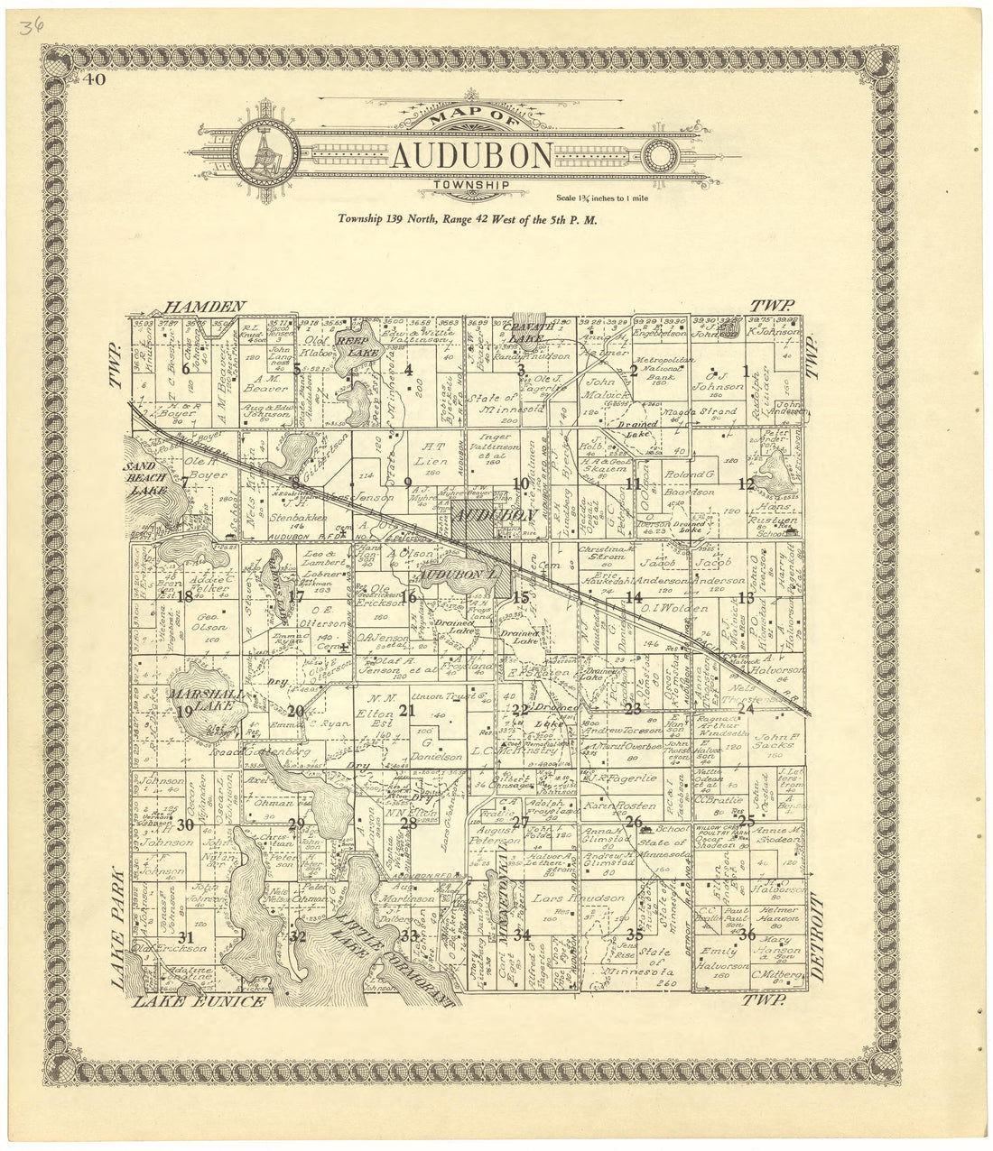 Map of Audubon from Standard Atlas of Becker County, Minnesota : Including a Plat Book of the Villages, Cities and Townships of the County, Map of the State, United States and World : Patrons Directory, Reference … 1929 by Relic Map Company