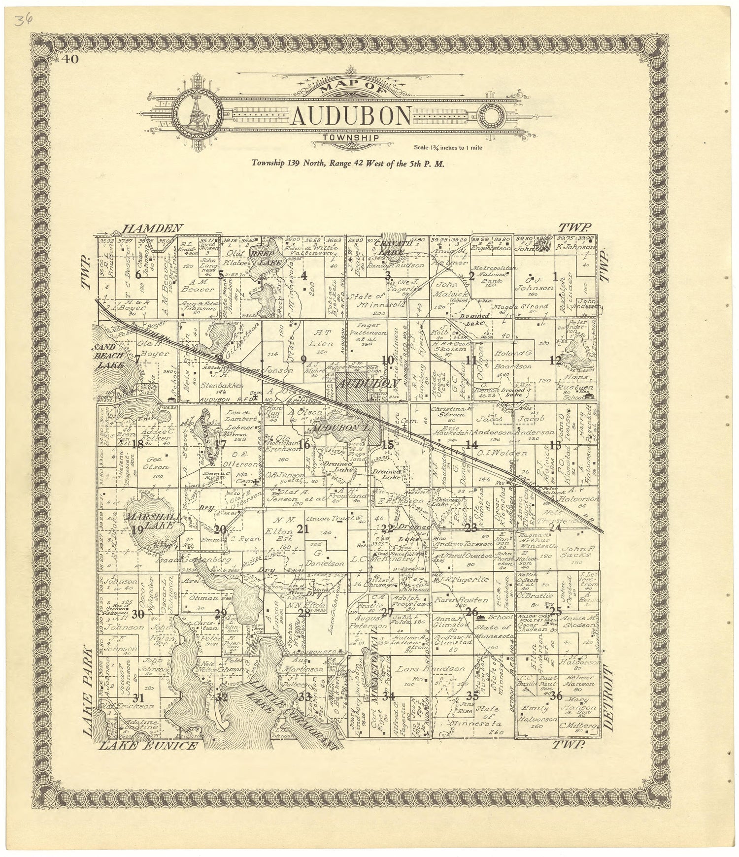 Map of Audubon from Standard Atlas of Becker County, Minnesota : Including a Plat Book of the Villages, Cities and Townships of the County, Map of the State, United States and World : Patrons Directory, Reference … 1929 by Relic Map Company