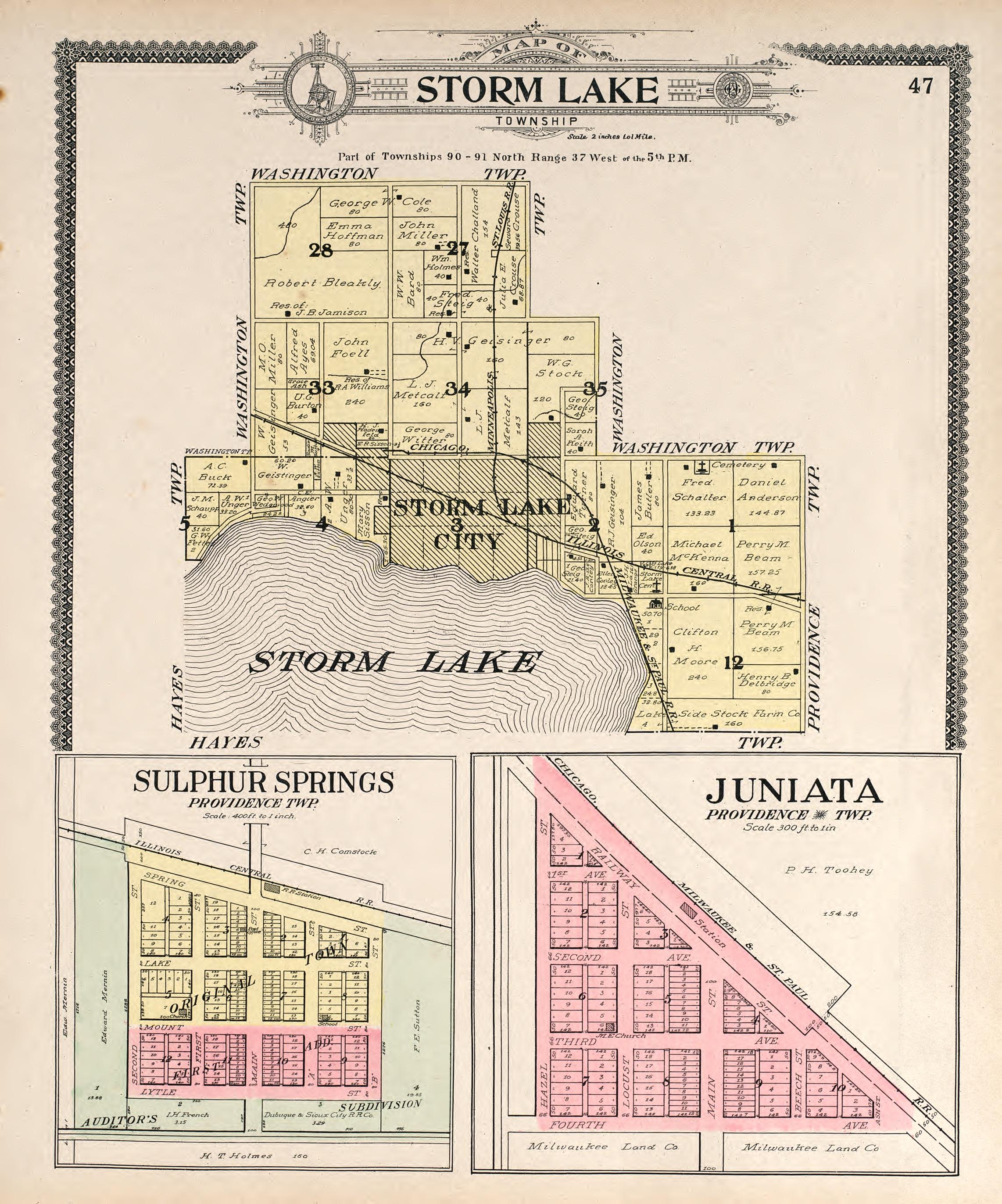 Storm Lake from Standard Atlas of Buena Vista County, Iowa : Including a Plat Book of the Villages, Cities and Townships of the County, Map of the State, United States and World, Patrons Directory, Reference … 1908 by Relic Map Company