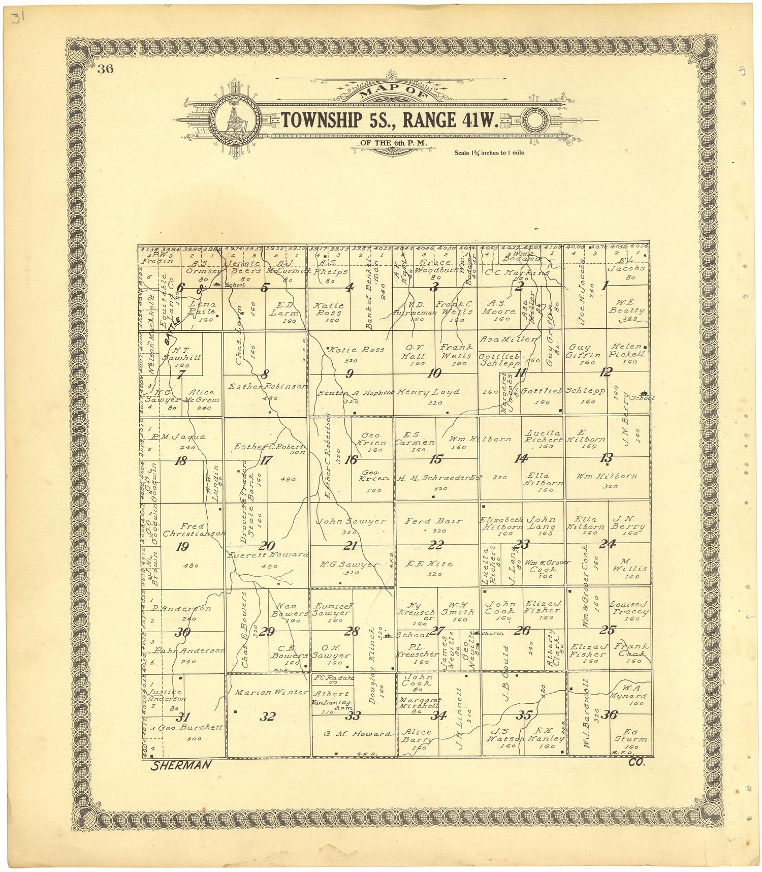 Map of Township 5S., Range 41W. of the 6th P.M. from Standard Atlas of Cheyenne County, Kansas : Including a Plat Book of the Villages, Cities and Townships of the County, Map of the State, United States and World : Patrons Directory, Reference … 1928 by Relic Map Company