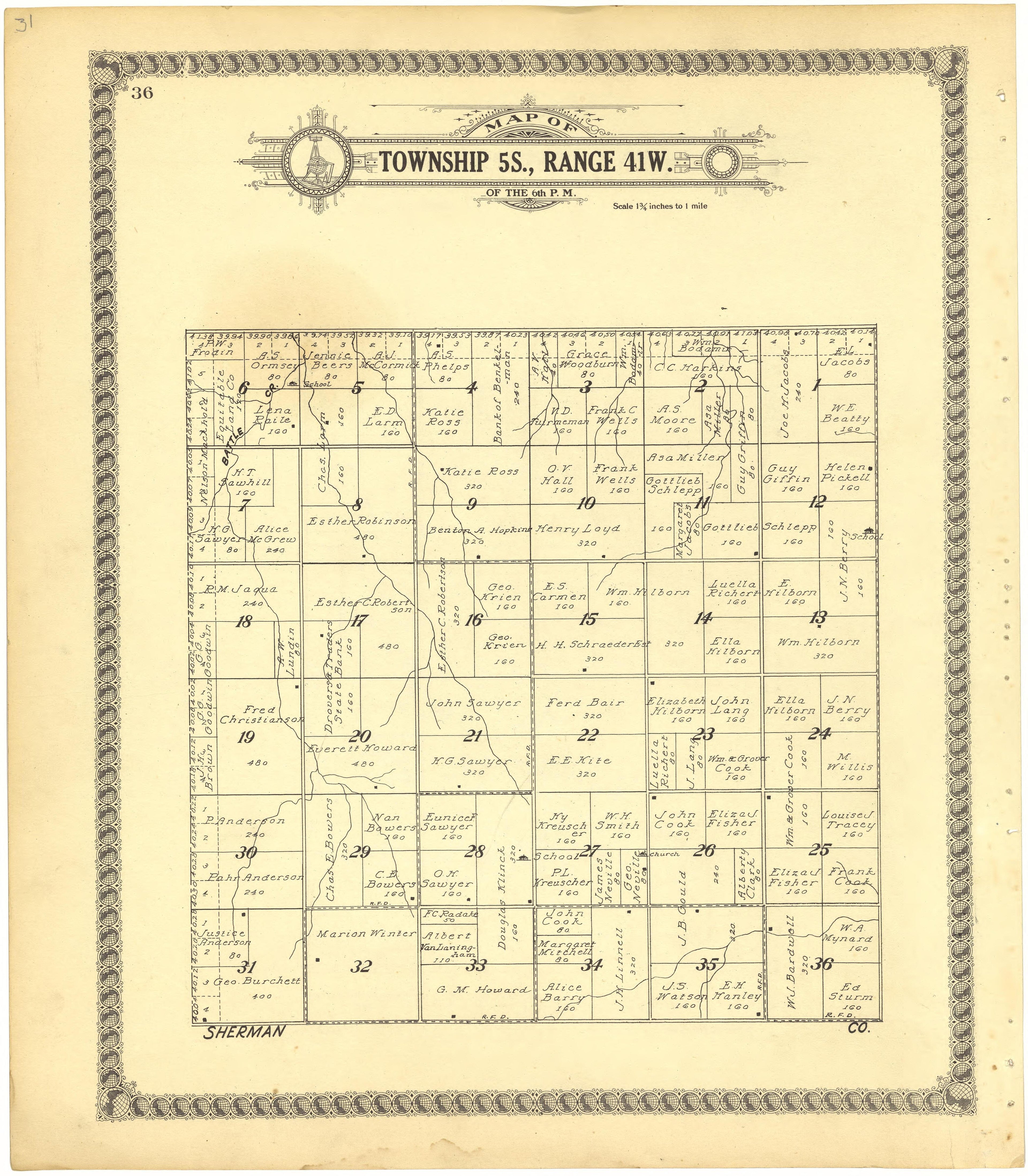 Map of Township 5S., Range 41W. of the 6th P.M. from Standard Atlas of Cheyenne County, Kansas : Including a Plat Book of the Villages, Cities and Townships of the County, Map of the State, United States and World : Patrons Directory, Reference … 1928 by Relic Map Company