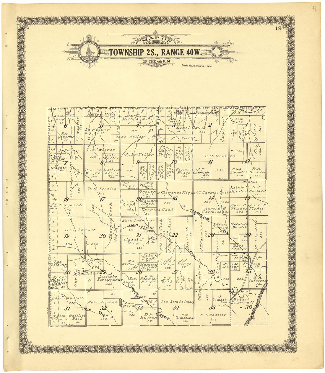 Map of Township 2S., Range 40W. of the 6th P.M. from Standard Atlas of Cheyenne County, Kansas : Including a Plat Book of the Villages, Cities and Townships of the County, Map of the State, United States and World : Patrons Directory, Reference … 1928 by Relic Map Company