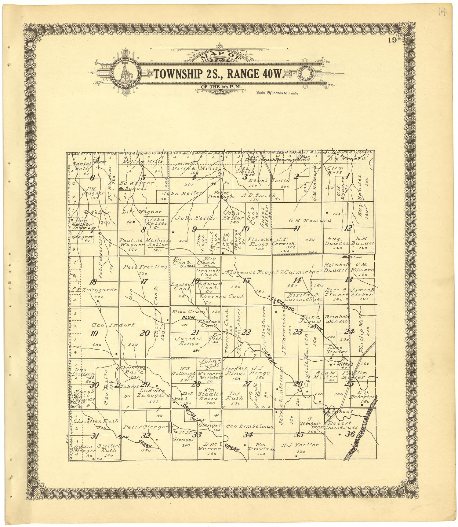 Map of Township 2S., Range 40W. of the 6th P.M. from Standard Atlas of Cheyenne County, Kansas : Including a Plat Book of the Villages, Cities and Townships of the County, Map of the State, United States and World : Patrons Directory, Reference … 1928 by Relic Map Company