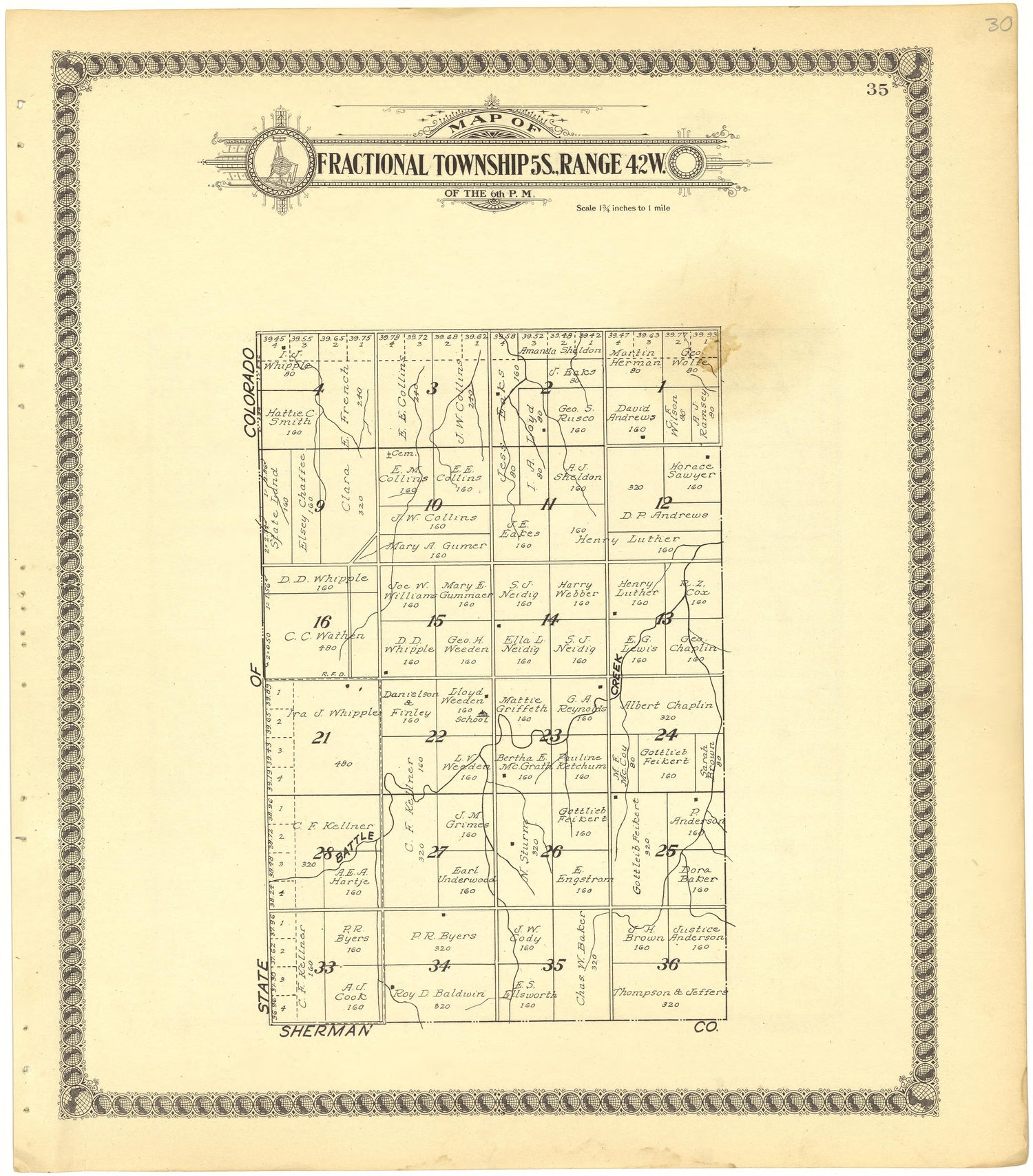 Map of Fractional Township 5S., Range 42W. of the 6th P.M. from Standard Atlas of Cheyenne County, Kansas : Including a Plat Book of the Villages, Cities and Townships of the County, Map of the State, United States and World : Patrons Directory, Refer... by Relic Map Company