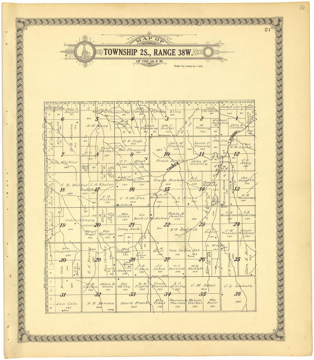 Map of Township 2S., Range 38W. of the 6th P.M. from Standard Atlas of Cheyenne County, Kansas : Including a Plat Book of the Villages, Cities and Townships of the County, Map of the State, United States and World : Patrons Directory, Reference … 1928 by Relic Map Company