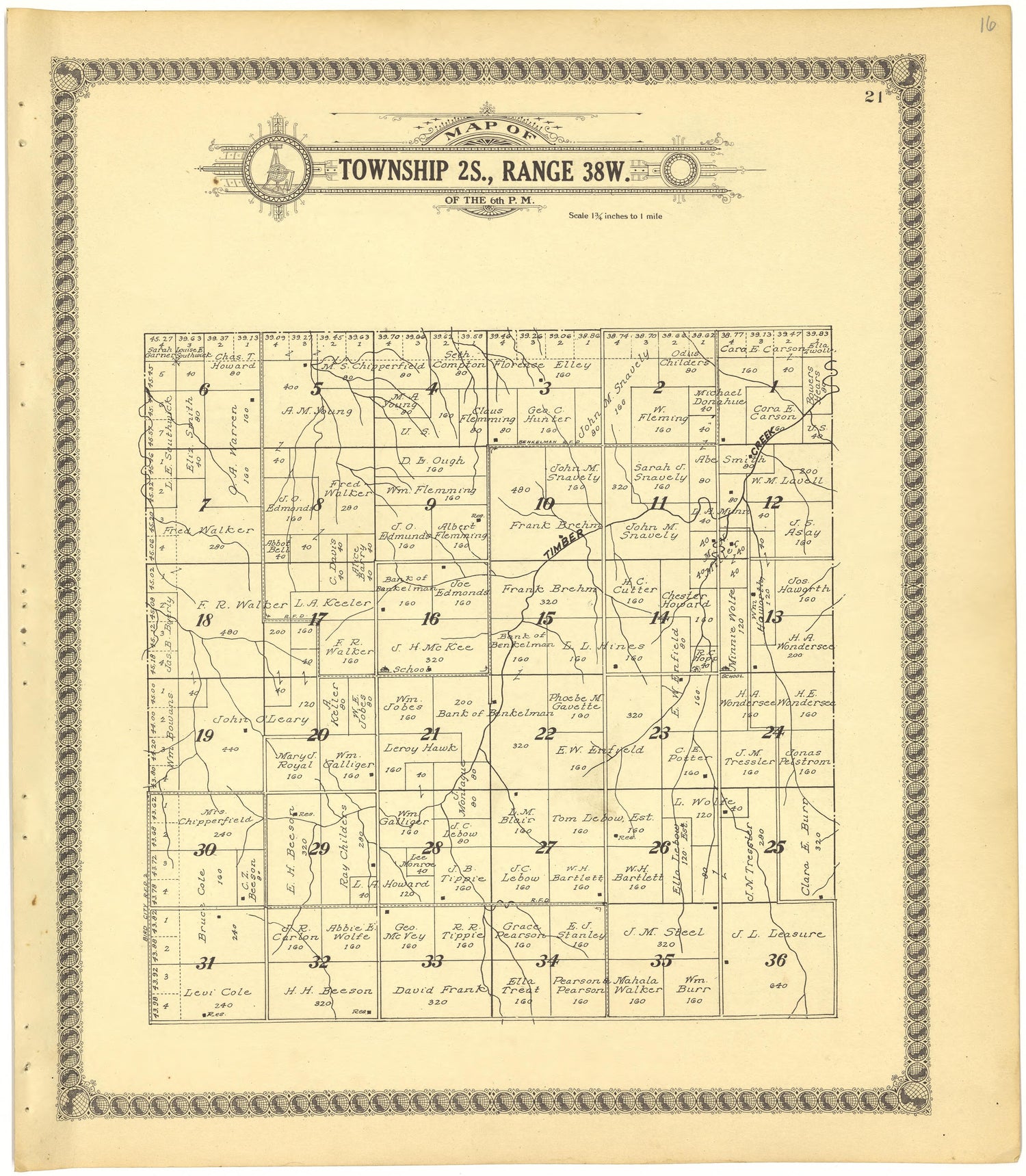 Map of Township 2S., Range 38W. of the 6th P.M. from Standard Atlas of Cheyenne County, Kansas : Including a Plat Book of the Villages, Cities and Townships of the County, Map of the State, United States and World : Patrons Directory, Reference … 1928 by Relic Map Company