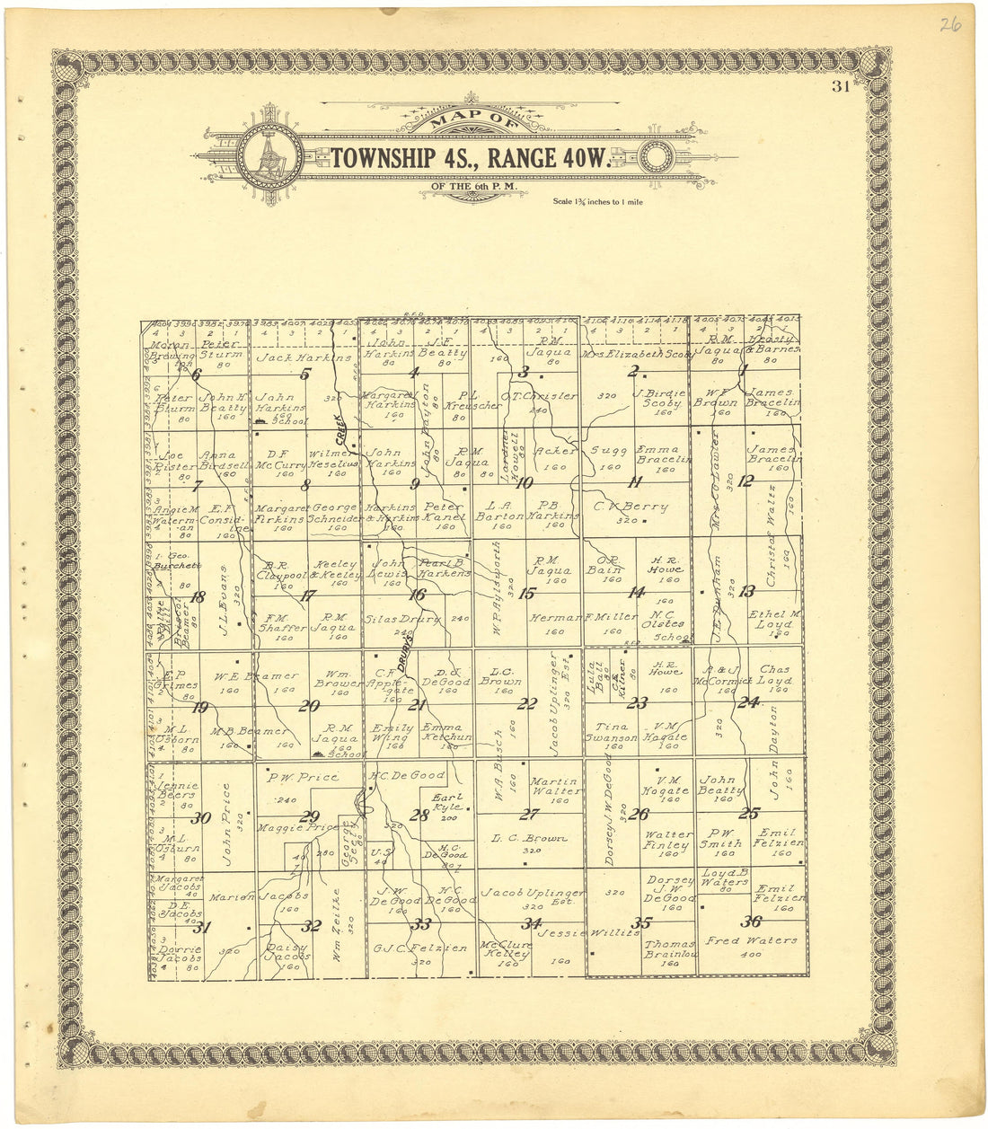 Map of Township 4S., Range 40W. of the 6th P.M. from Standard Atlas of Cheyenne County, Kansas : Including a Plat Book of the Villages, Cities and Townships of the County, Map of the State, United States and World : Patrons Directory, Reference … 1928 by Relic Map Company