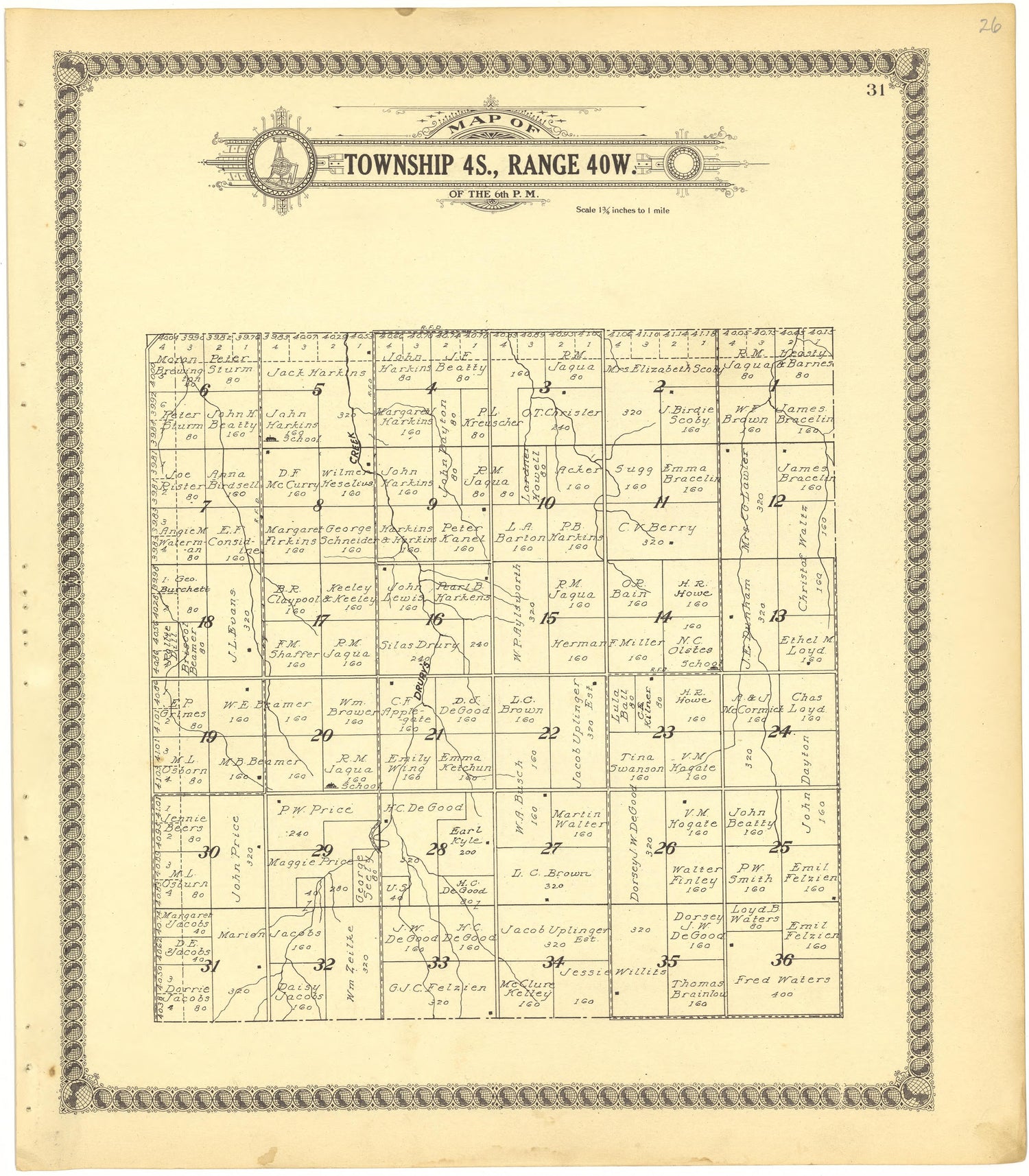 Map of Township 4S., Range 40W. of the 6th P.M. from Standard Atlas of Cheyenne County, Kansas : Including a Plat Book of the Villages, Cities and Townships of the County, Map of the State, United States and World : Patrons Directory, Reference … 1928 by Relic Map Company