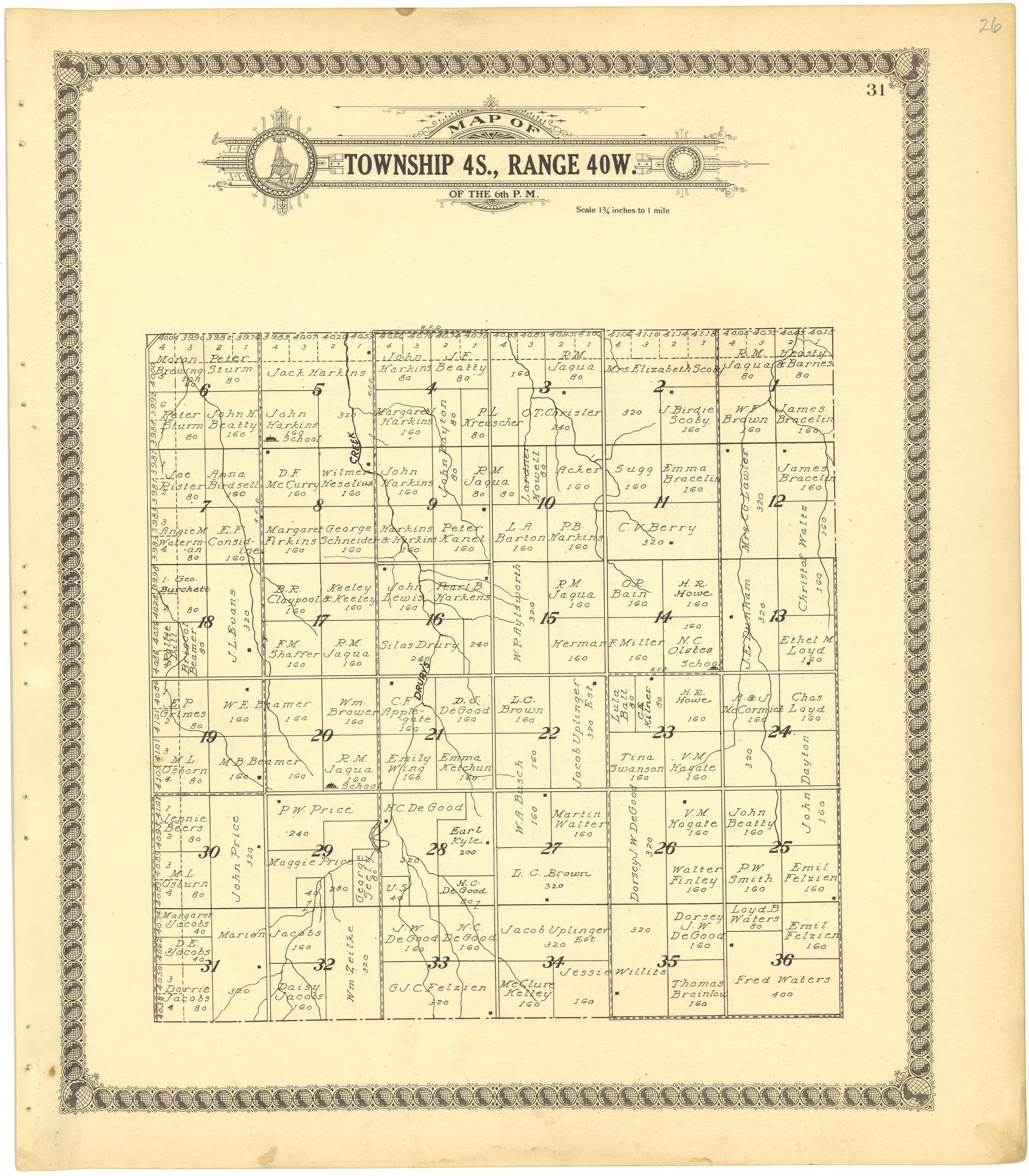 Map of Township 4S., Range 40W. of the 6th P.M. from Standard Atlas of Cheyenne County, Kansas : Including a Plat Book of the Villages, Cities and Townships of the County, Map of the State, United States and World : Patrons Directory, Reference … 1928 by Relic Map Company