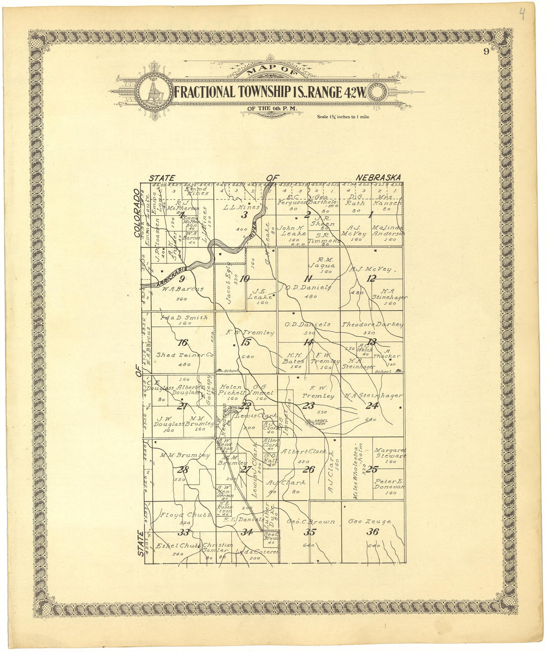 Map of Fractional Township 1S., Range 42W. of the 6th P.M. from Standard Atlas of Cheyenne County, Kansas : Including a Plat Book of the Villages, Cities and Townships of the County, Map of the State, United States and World : Patrons Directory, Refer... by Relic Map Company