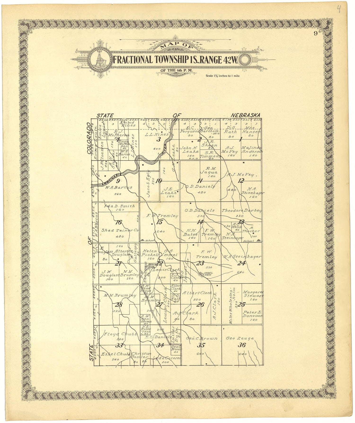 Map of Fractional Township 1S., Range 42W. of the 6th P.M. from Standard Atlas of Cheyenne County, Kansas : Including a Plat Book of the Villages, Cities and Townships of the County, Map of the State, United States and World : Patrons Directory, Refer... by Relic Map Company