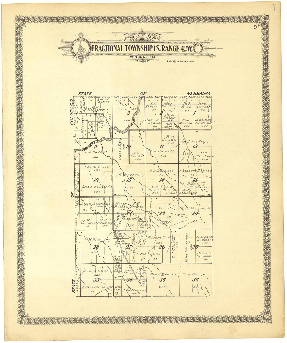 Map of Fractional Township 1S., Range 42W. of the 6th P.M. from Standard Atlas of Cheyenne County, Kansas : Including a Plat Book of the Villages, Cities and Townships of the County, Map of the State, United States and World : Patrons Directory, Refer... by Relic Map Company