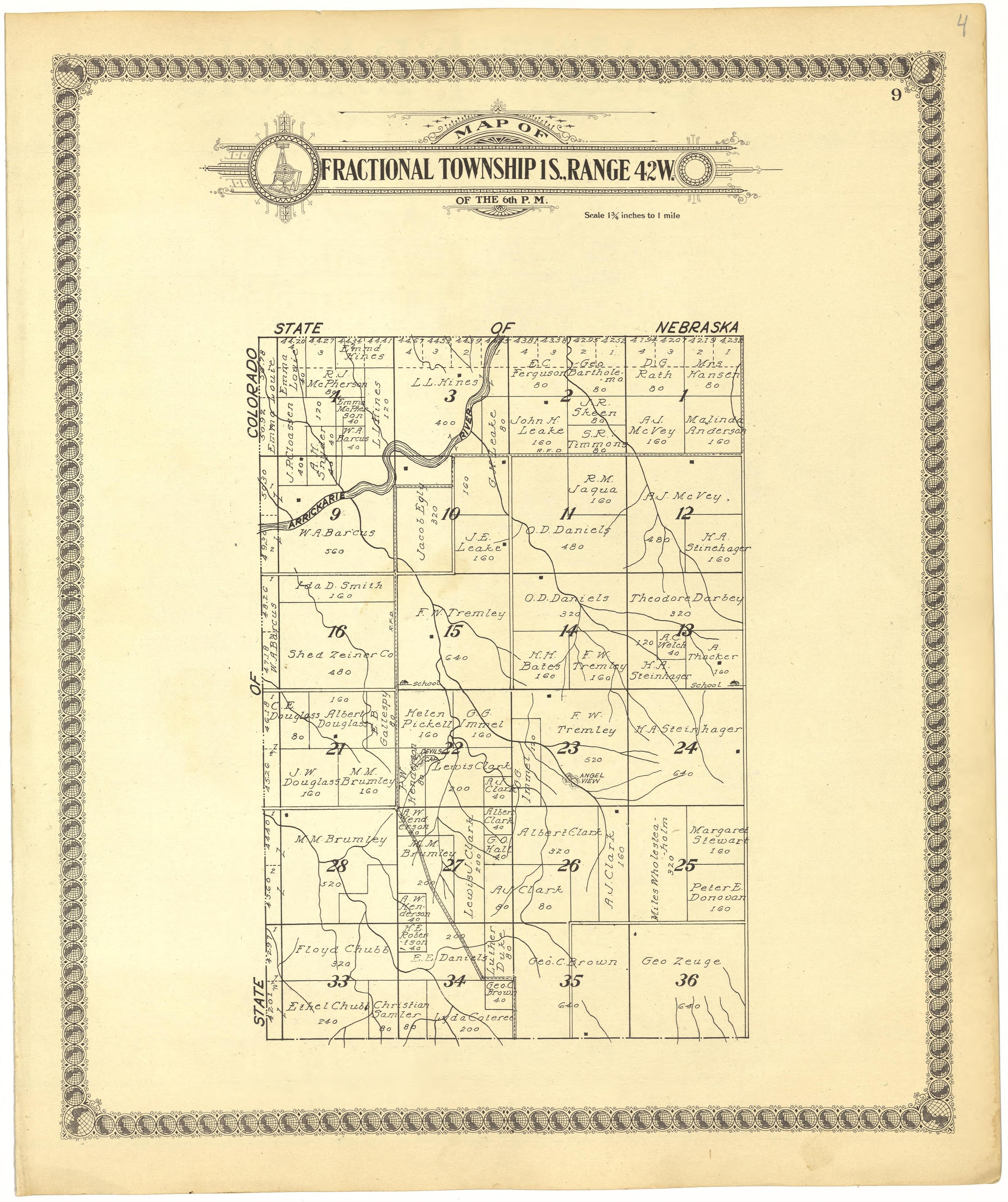 Map of Fractional Township 1S., Range 42W. of the 6th P.M. from Standard Atlas of Cheyenne County, Kansas : Including a Plat Book of the Villages, Cities and Townships of the County, Map of the State, United States and World : Patrons Directory, Refer... by Relic Map Company