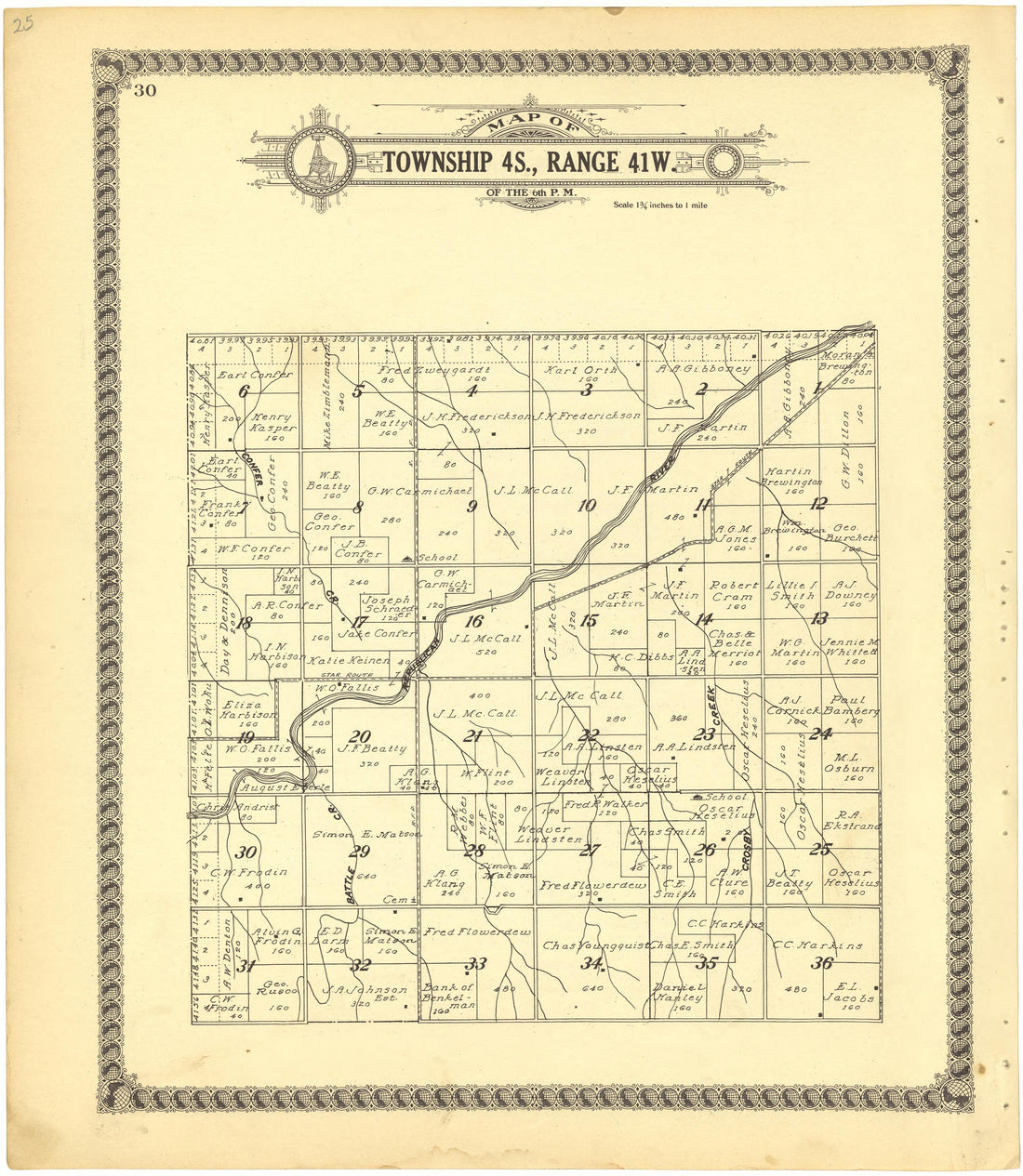 Map of Township 4S., Range 41W. of the 6th P.M. from Standard Atlas of Cheyenne County, Kansas : Including a Plat Book of the Villages, Cities and Townships of the County, Map of the State, United States and World : Patrons Directory, Reference … 1928 by Relic Map Company
