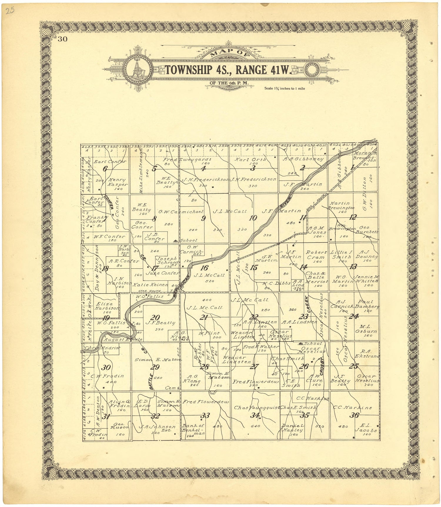 Map of Township 4S., Range 41W. of the 6th P.M. from Standard Atlas of Cheyenne County, Kansas : Including a Plat Book of the Villages, Cities and Townships of the County, Map of the State, United States and World : Patrons Directory, Reference … 1928 by Relic Map Company