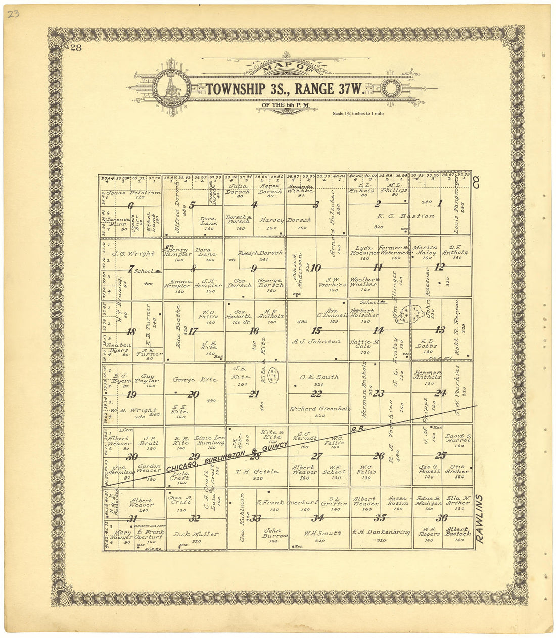 Map of Township 3S., Range 37W. of the 6th P.M. from Standard Atlas of Cheyenne County, Kansas : Including a Plat Book of the Villages, Cities and Townships of the County, Map of the State, United States and World : Patrons Directory, Reference … 1928 by Relic Map Company