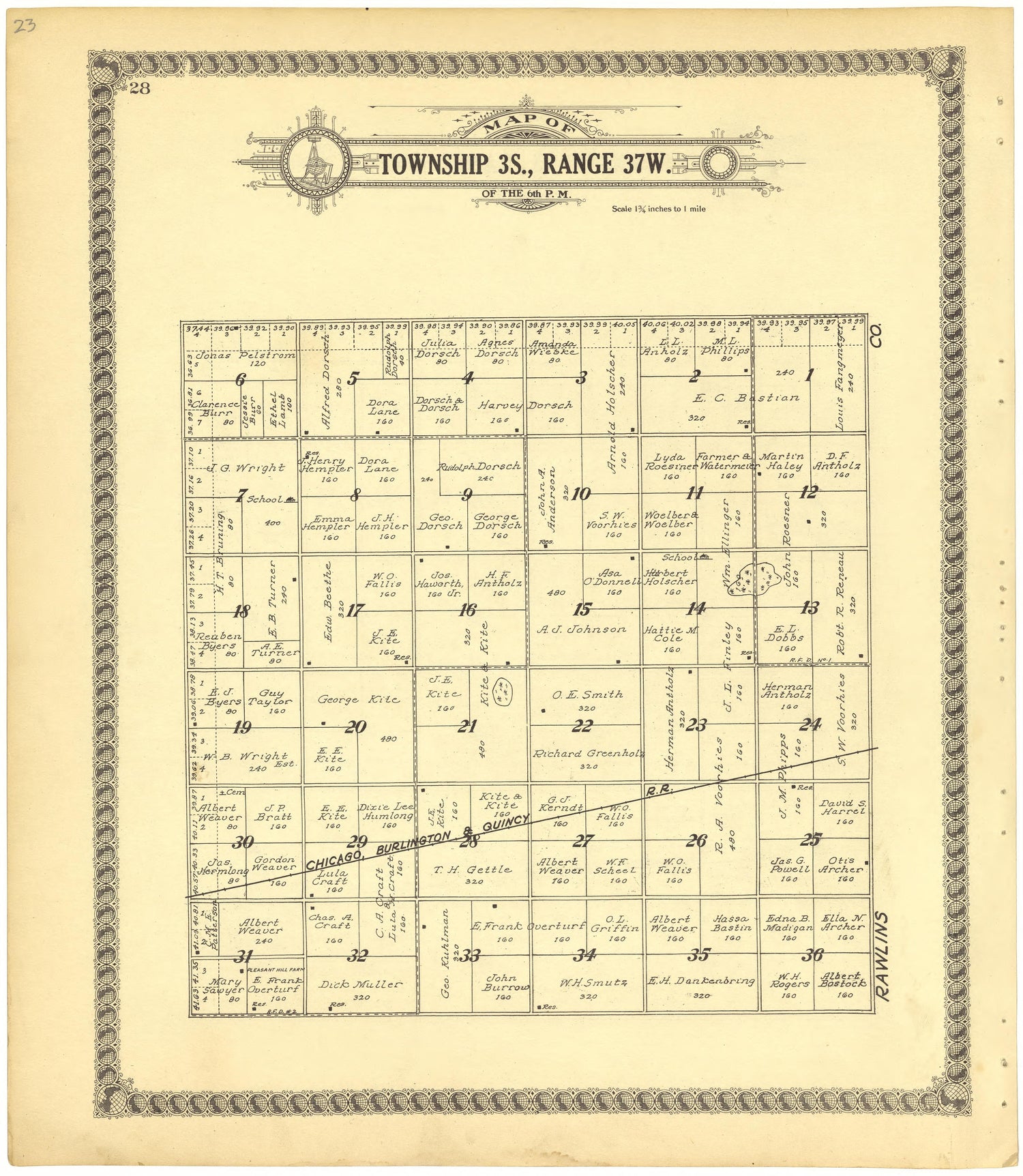 Map of Township 3S., Range 37W. of the 6th P.M. from Standard Atlas of Cheyenne County, Kansas : Including a Plat Book of the Villages, Cities and Townships of the County, Map of the State, United States and World : Patrons Directory, Reference … 1928 by Relic Map Company