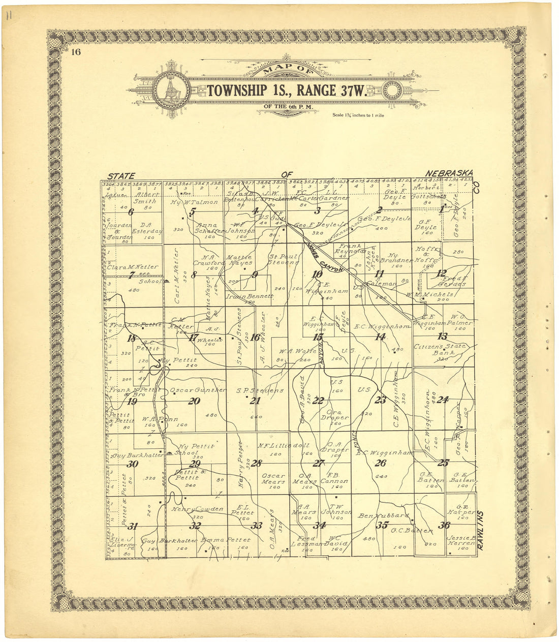 Map of Township 1S., Range 37W. of the 6th P.M. from Standard Atlas of Cheyenne County, Kansas : Including a Plat Book of the Villages, Cities and Townships of the County, Map of the State, United States and World : Patrons Directory, Reference … 1928 by Relic Map Company