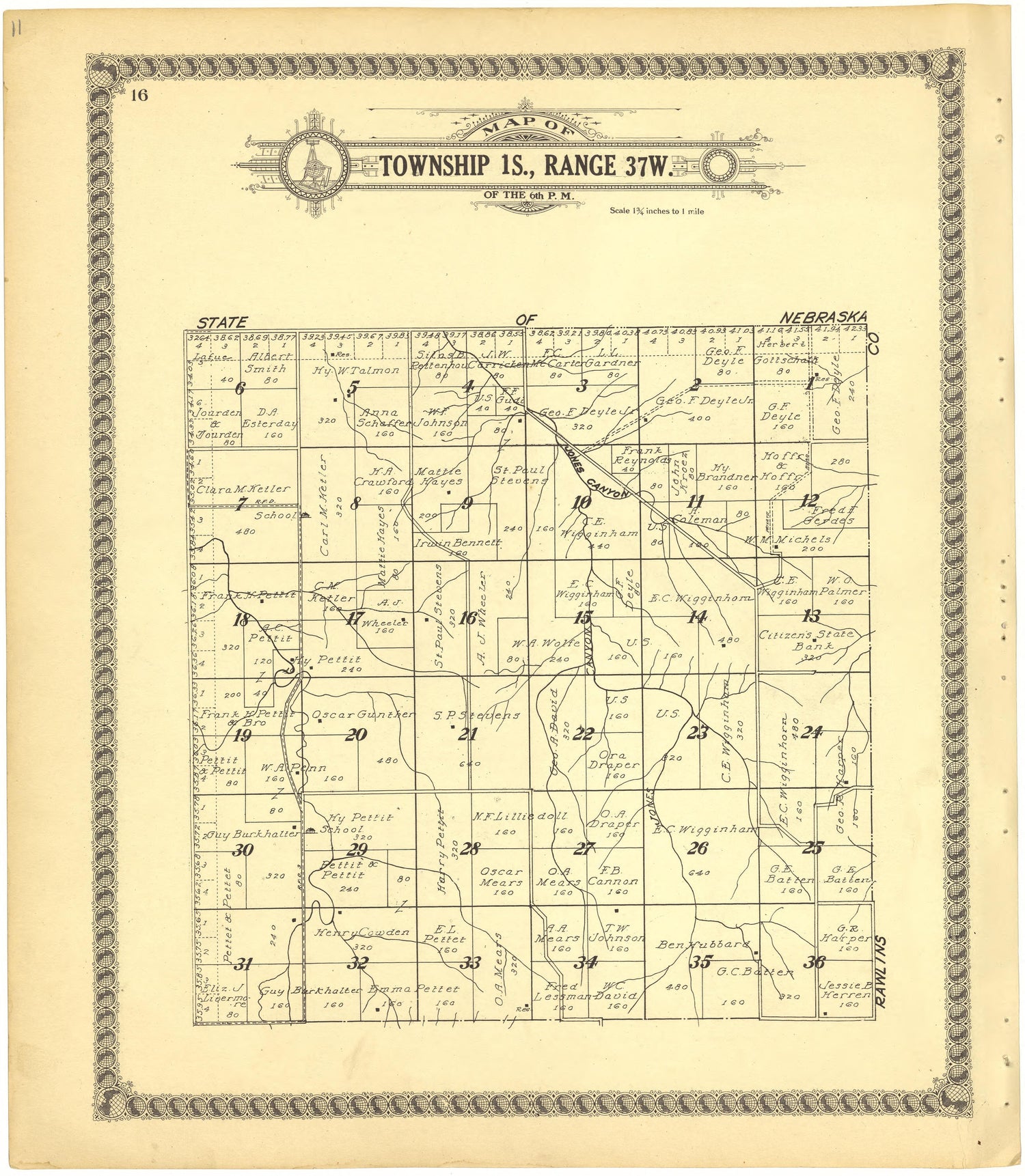 Map of Township 1S., Range 37W. of the 6th P.M. from Standard Atlas of Cheyenne County, Kansas : Including a Plat Book of the Villages, Cities and Townships of the County, Map of the State, United States and World : Patrons Directory, Reference … 1928 by Relic Map Company
