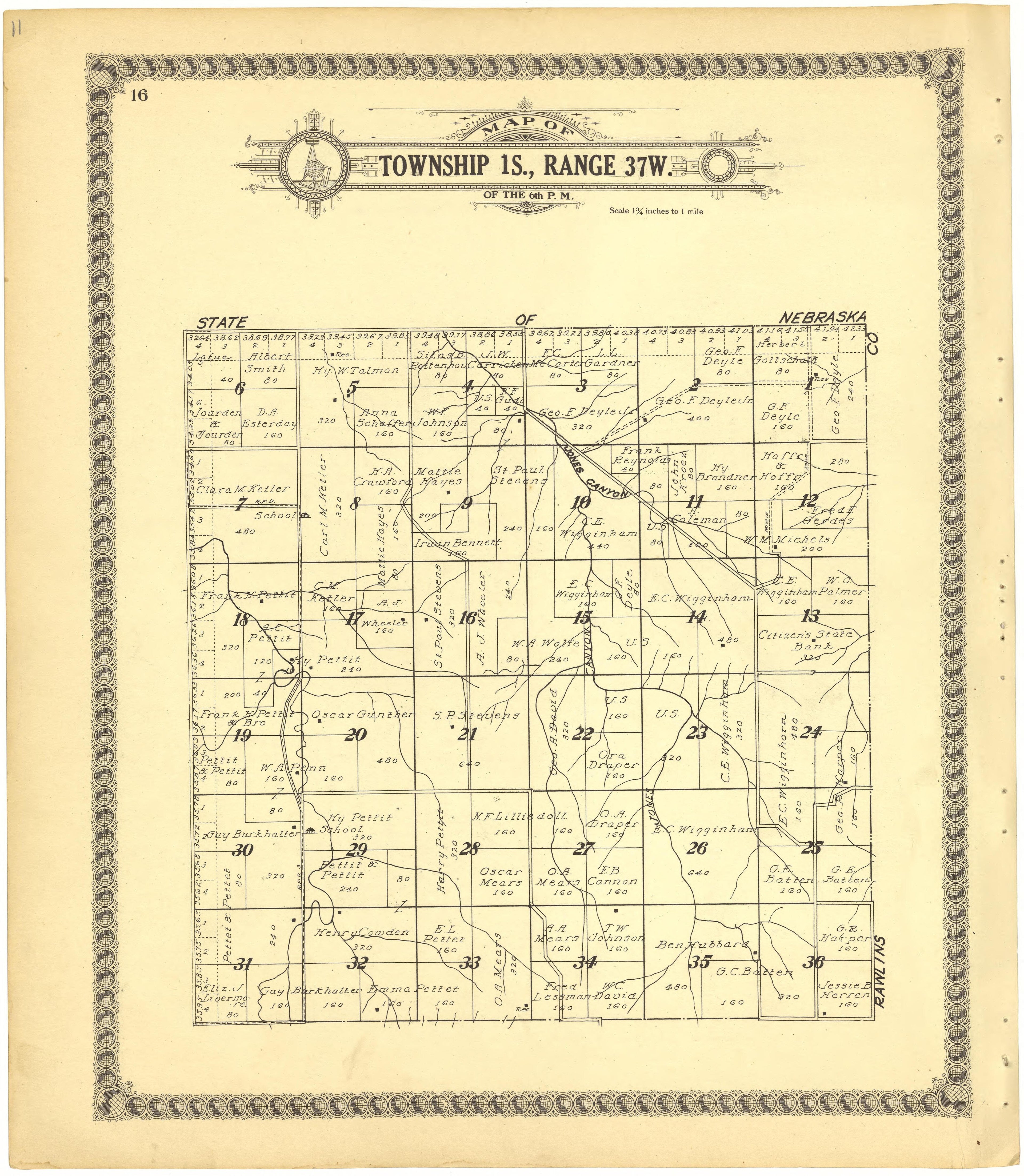 Map of Township 1S., Range 37W. of the 6th P.M. from Standard Atlas of Cheyenne County, Kansas : Including a Plat Book of the Villages, Cities and Townships of the County, Map of the State, United States and World : Patrons Directory, Reference … 1928 by Relic Map Company
