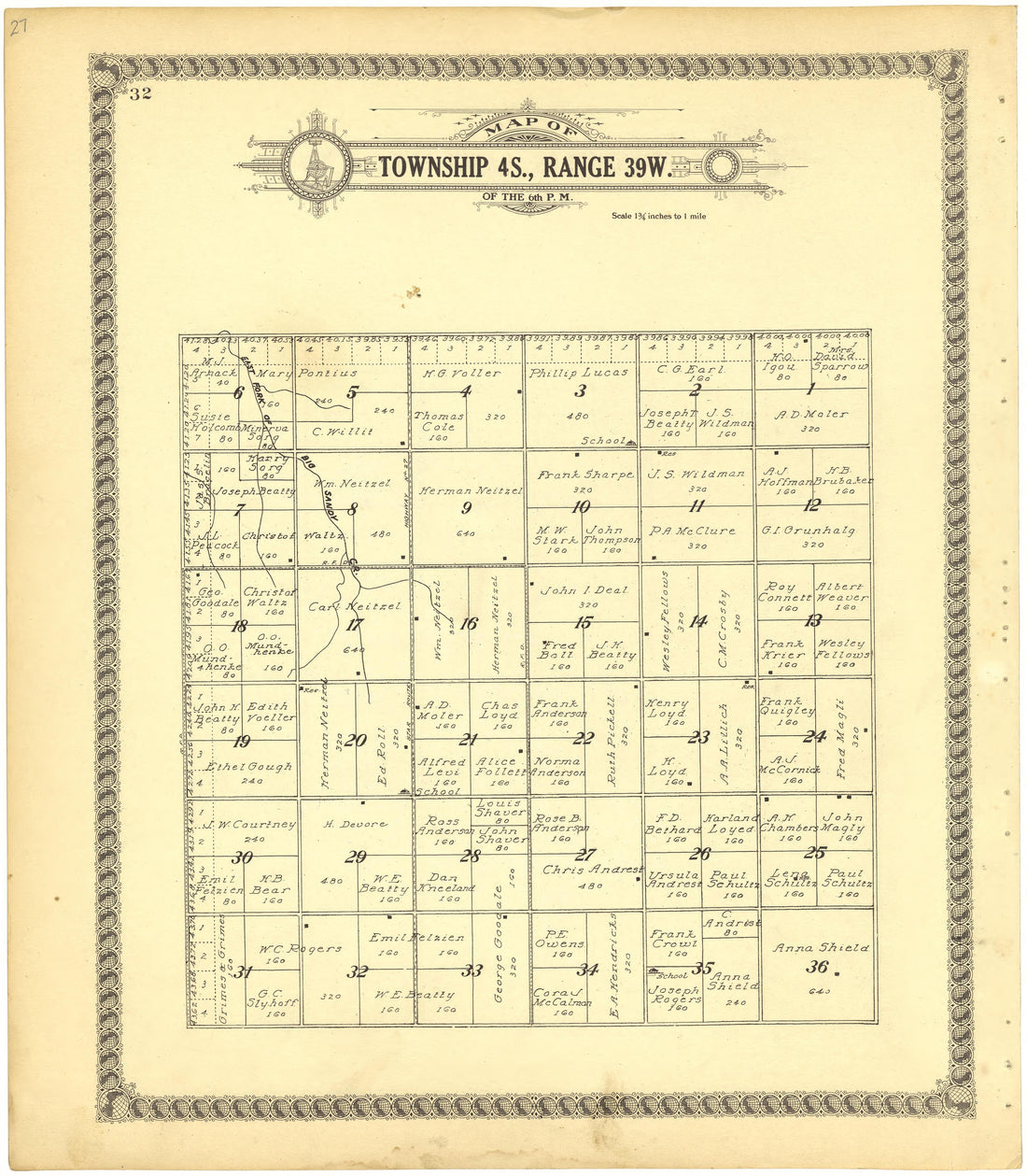 Map of Township 4S., Range 39W. of the 6th P.M. from Standard Atlas of Cheyenne County, Kansas : Including a Plat Book of the Villages, Cities and Townships of the County, Map of the State, United States and World : Patrons Directory, Reference … 1928 by Relic Map Company