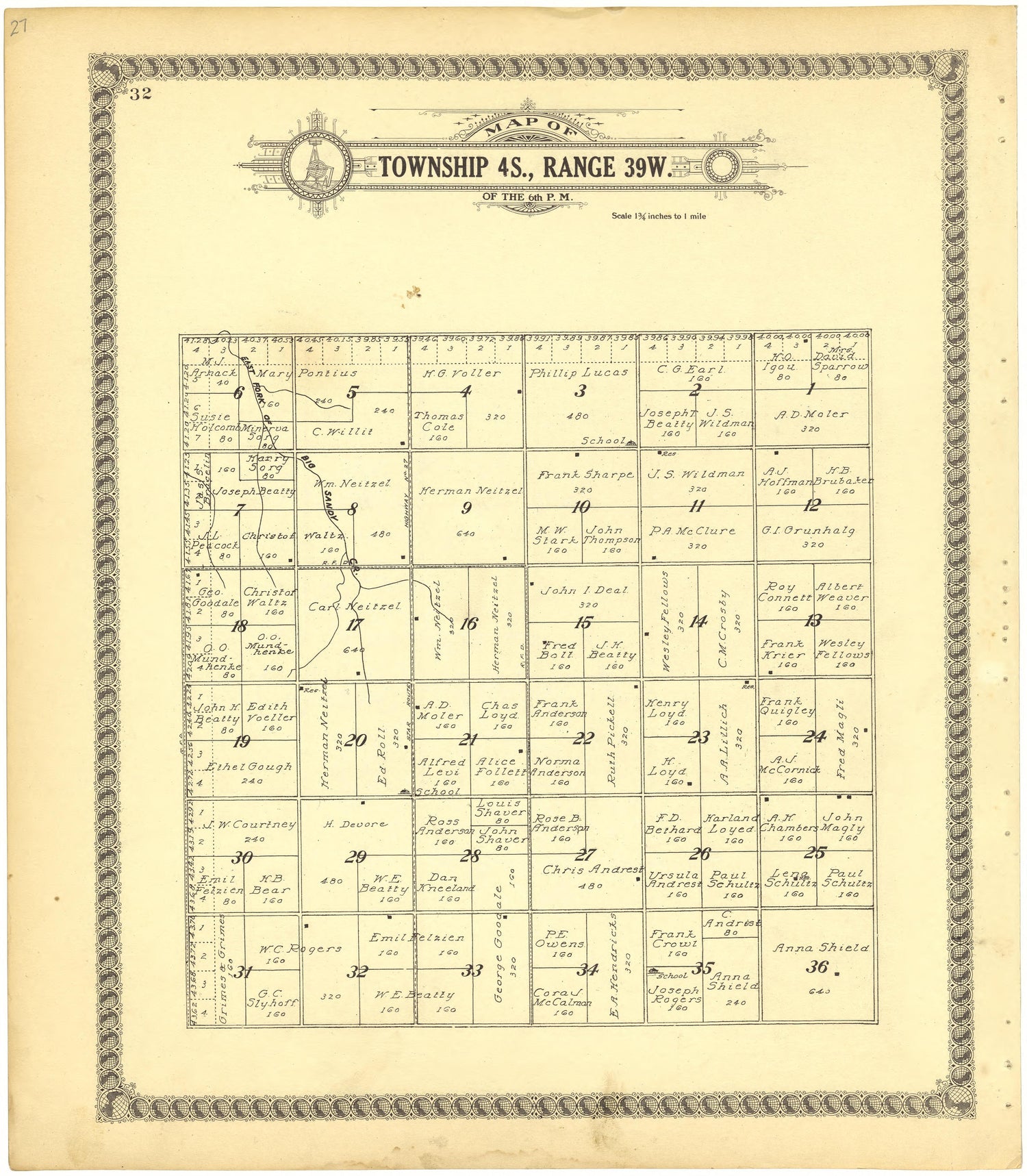 Map of Township 4S., Range 39W. of the 6th P.M. from Standard Atlas of Cheyenne County, Kansas : Including a Plat Book of the Villages, Cities and Townships of the County, Map of the State, United States and World : Patrons Directory, Reference … 1928 by Relic Map Company