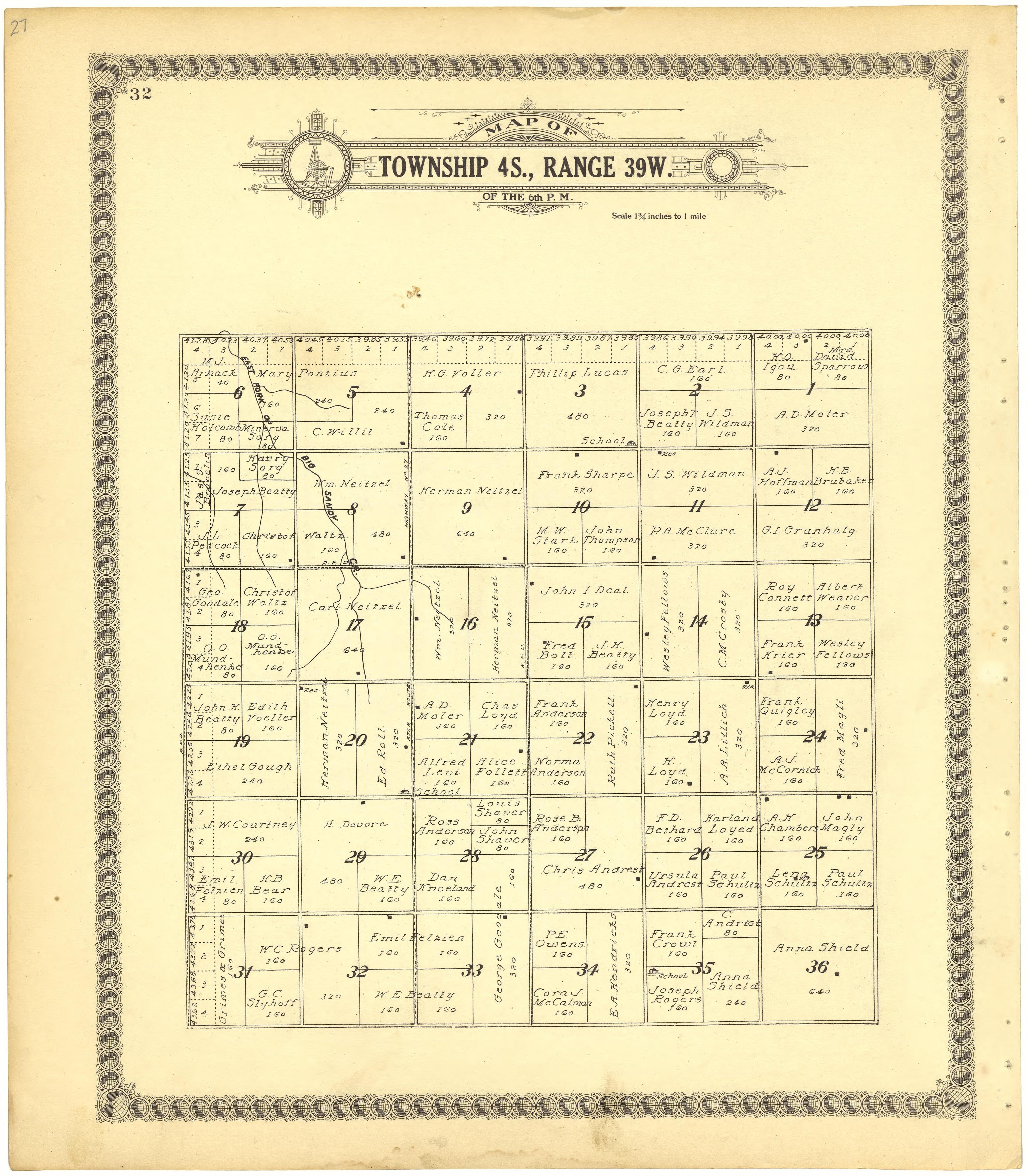 Map of Township 4S., Range 39W. of the 6th P.M. from Standard Atlas of Cheyenne County, Kansas : Including a Plat Book of the Villages, Cities and Townships of the County, Map of the State, United States and World : Patrons Directory, Reference … 1928 by Relic Map Company