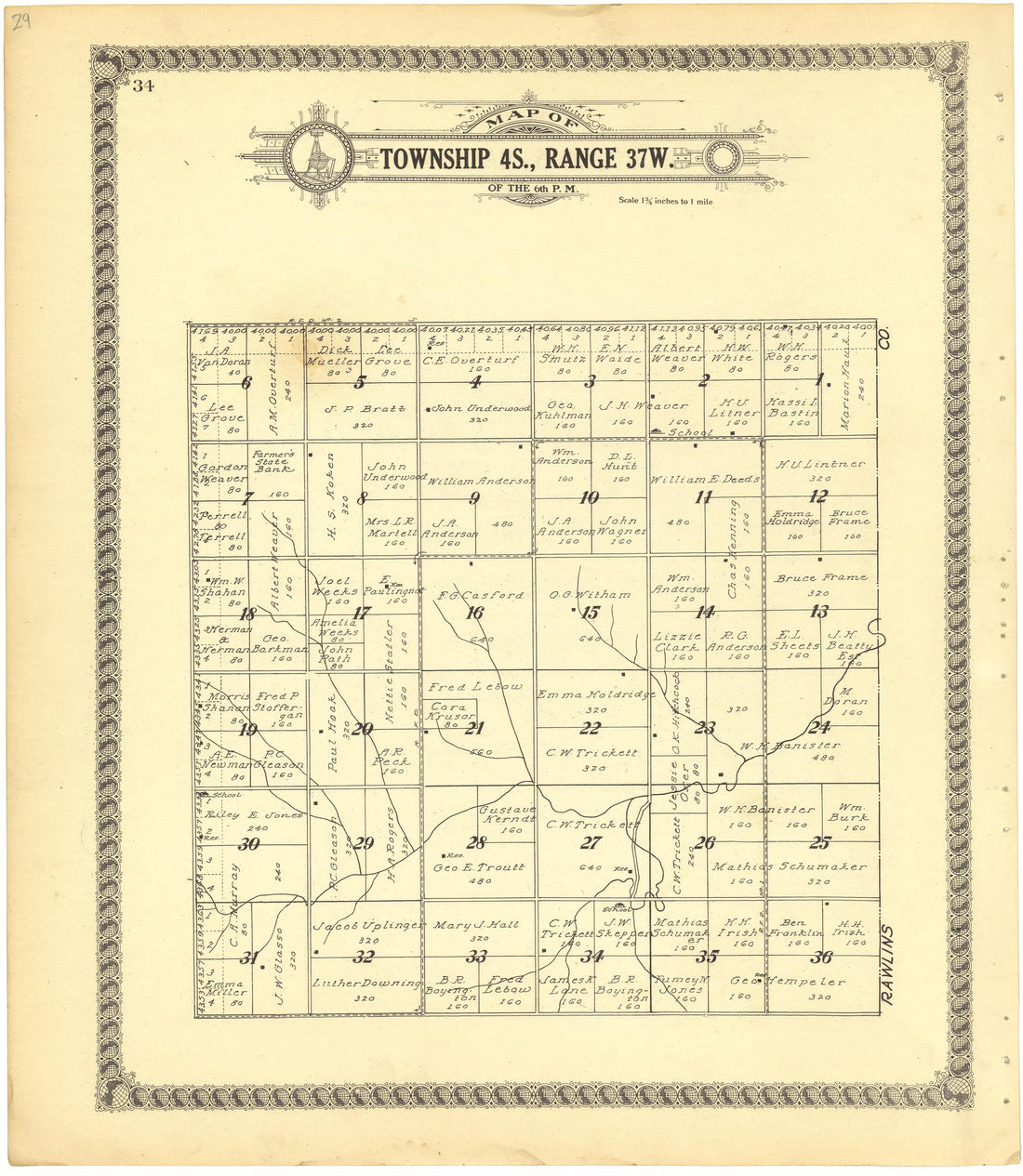 Map of Township 4S., Range 37W. of the 6th P.M. from Standard Atlas of Cheyenne County, Kansas : Including a Plat Book of the Villages, Cities and Townships of the County, Map of the State, United States and World : Patrons Directory, Reference … 1928 by Relic Map Company
