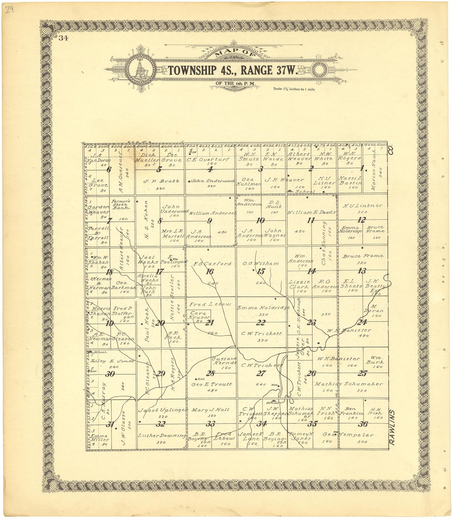 Map of Township 4S., Range 37W. of the 6th P.M. from Standard Atlas of Cheyenne County, Kansas : Including a Plat Book of the Villages, Cities and Townships of the County, Map of the State, United States and World : Patrons Directory, Reference … 1928 by Relic Map Company