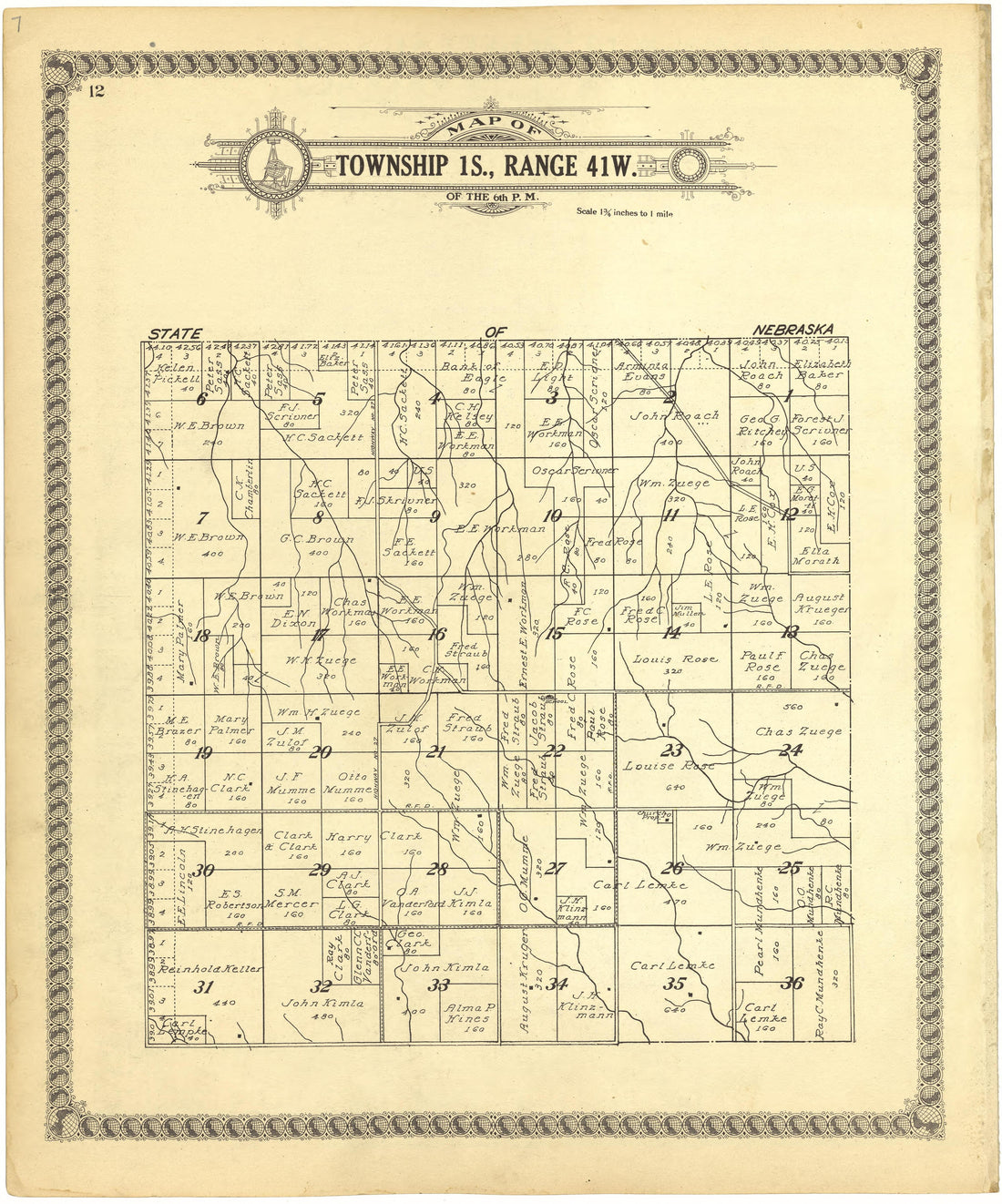 Map of Township 1S., Range 41W. of the 6th P.M. from Standard Atlas of Cheyenne County, Kansas : Including a Plat Book of the Villages, Cities and Townships of the County, Map of the State, United States and World : Patrons Directory, Reference … 1928 by Relic Map Company