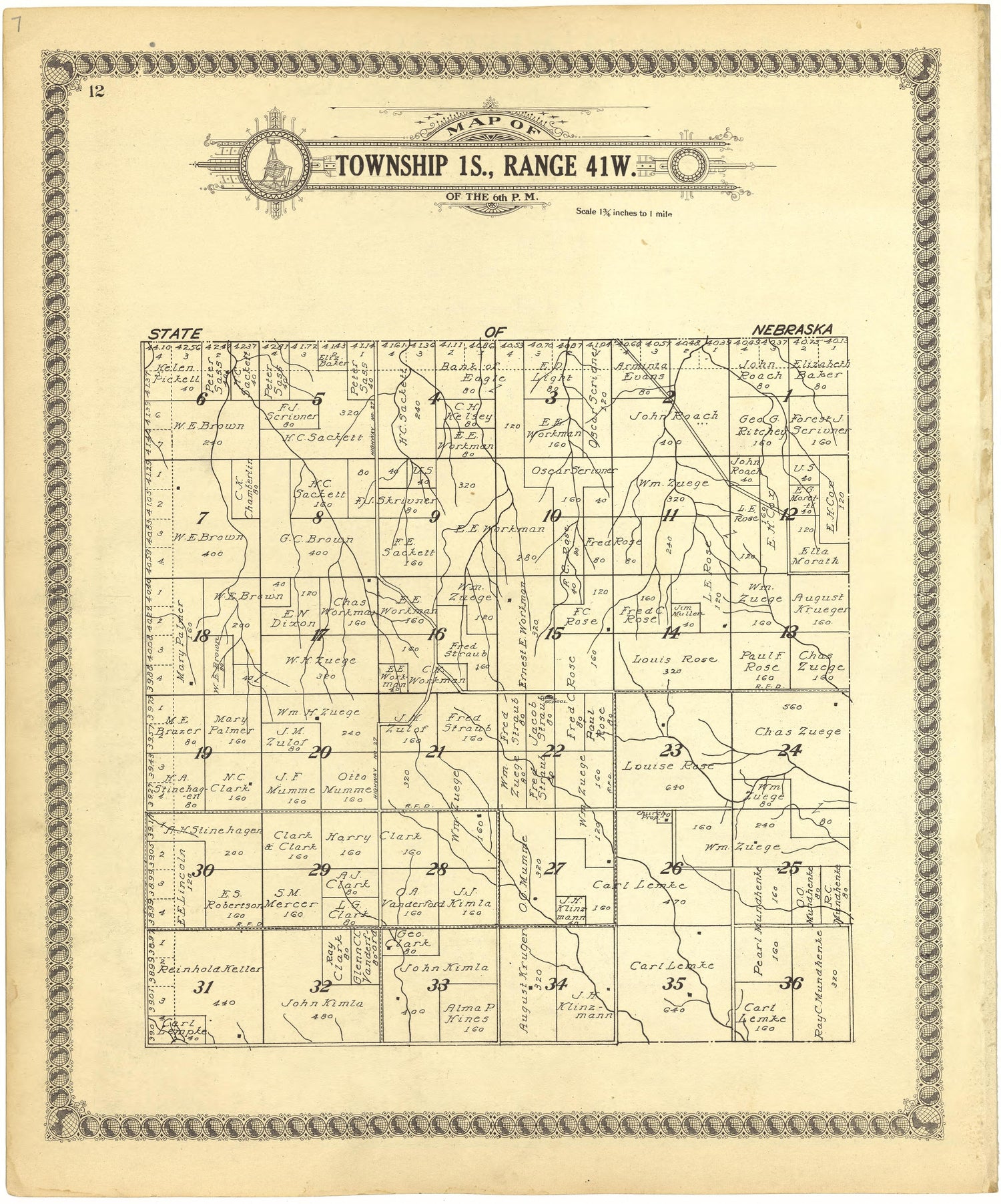 Map of Township 1S., Range 41W. of the 6th P.M. from Standard Atlas of Cheyenne County, Kansas : Including a Plat Book of the Villages, Cities and Townships of the County, Map of the State, United States and World : Patrons Directory, Reference … 1928 by Relic Map Company