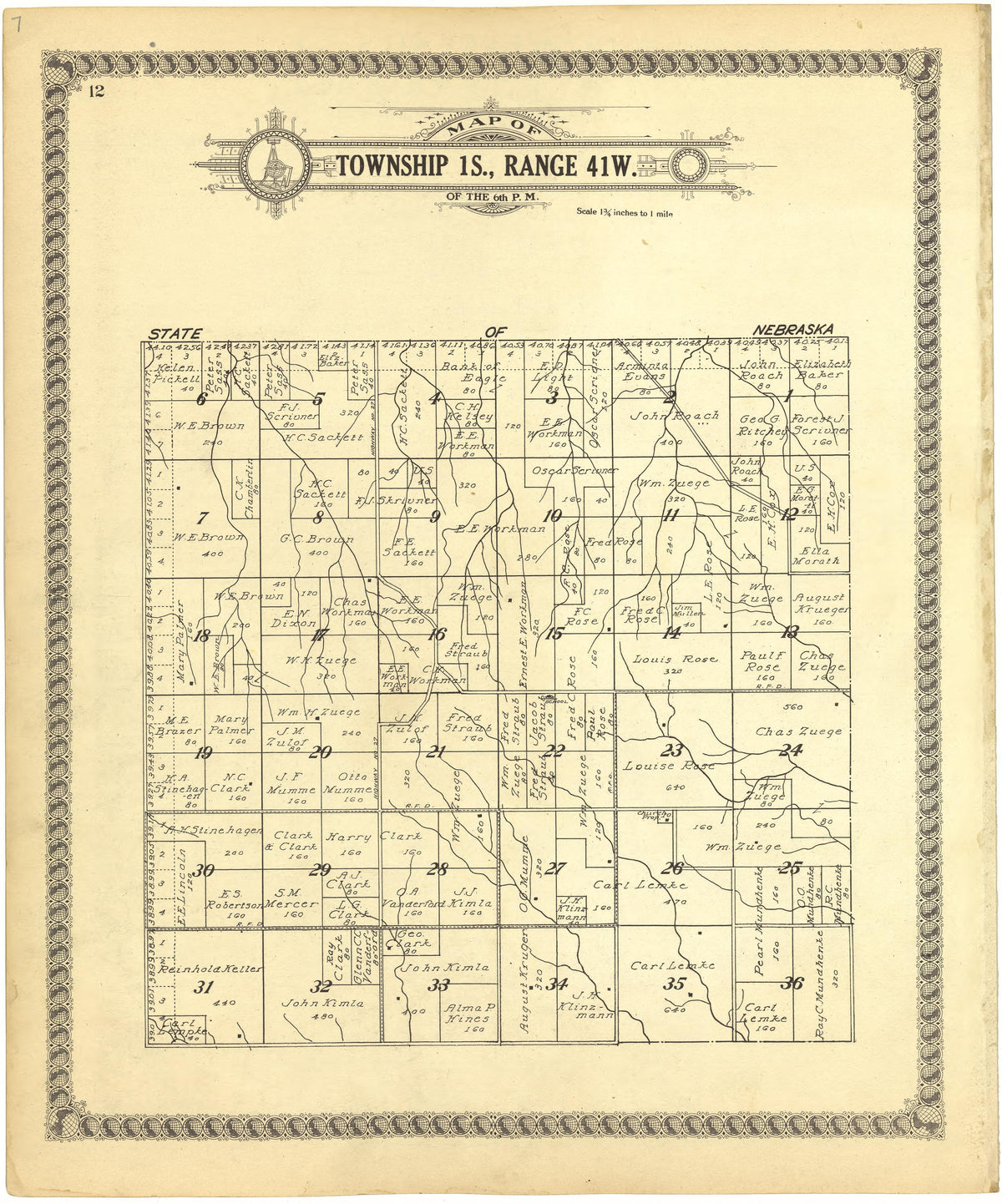 Map of Township 1S., Range 41W. of the 6th P.M. from Standard Atlas of Cheyenne County, Kansas : Including a Plat Book of the Villages, Cities and Townships of the County, Map of the State, United States and World : Patrons Directory, Reference … 1928 by Relic Map Company