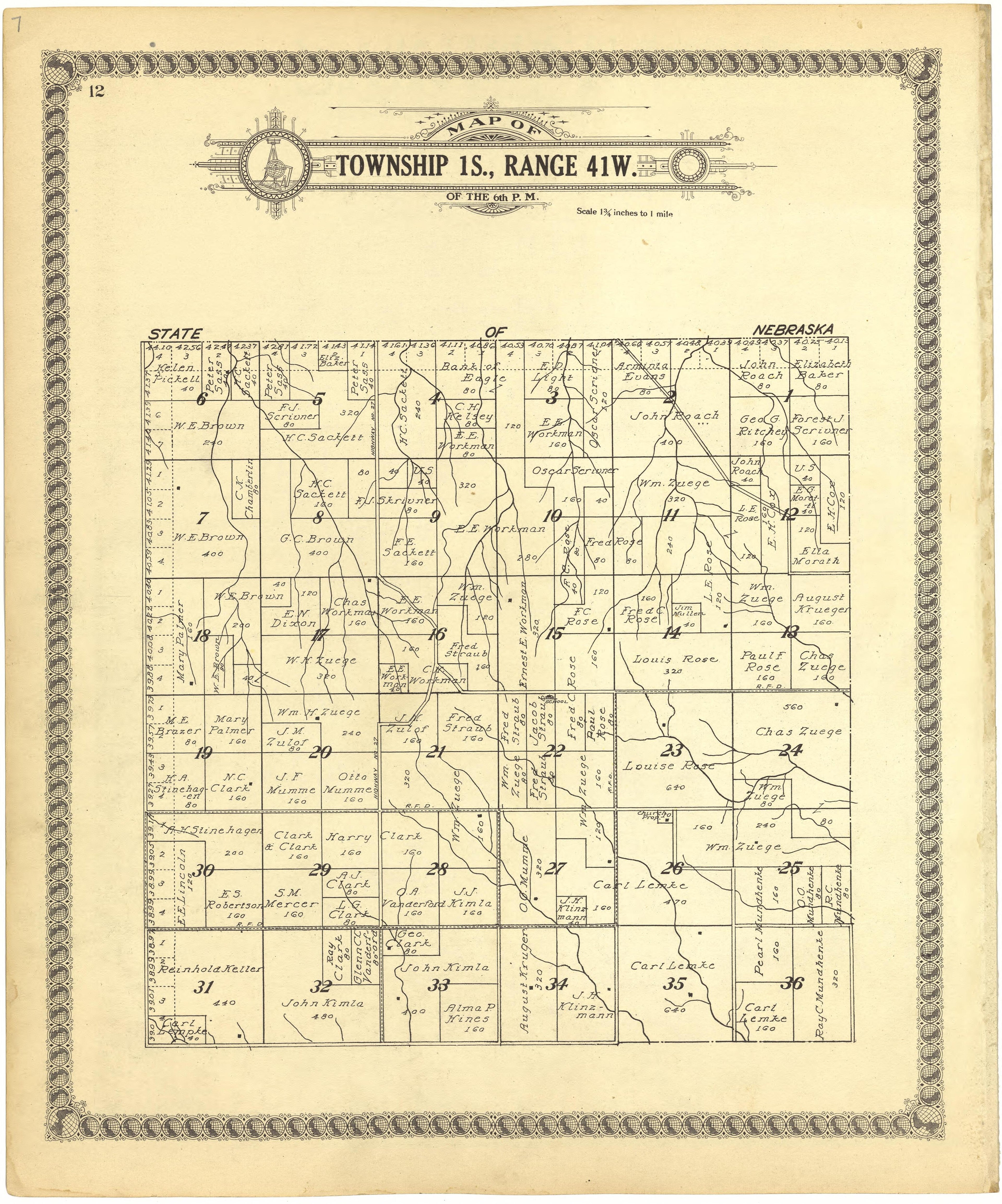 Map of Township 1S., Range 41W. of the 6th P.M. from Standard Atlas of Cheyenne County, Kansas : Including a Plat Book of the Villages, Cities and Townships of the County, Map of the State, United States and World : Patrons Directory, Reference … 1928 by Relic Map Company