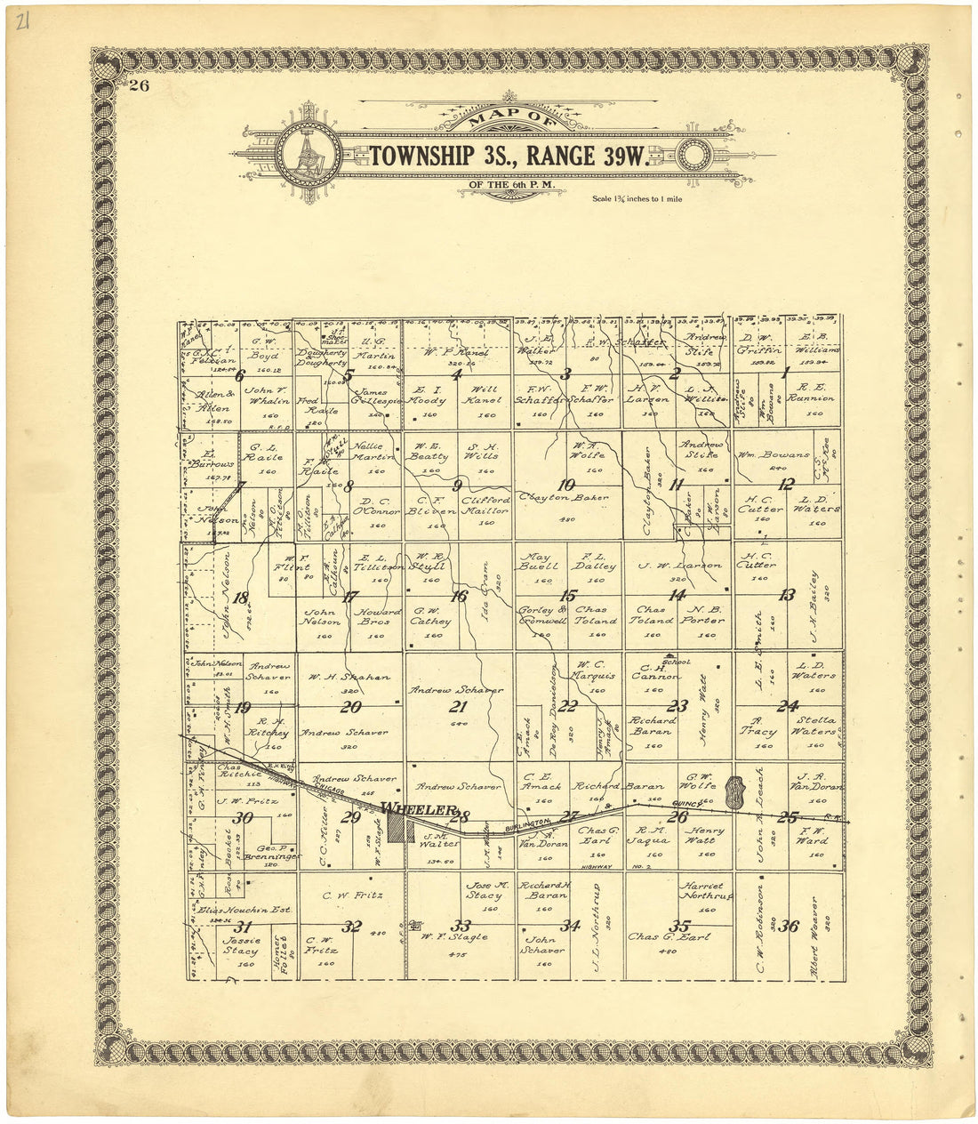 Map of Township 3S., Range 39W. of the 6th P.M. from Standard Atlas of Cheyenne County, Kansas : Including a Plat Book of the Villages, Cities and Townships of the County, Map of the State, United States and World : Patrons Directory, Reference … 1928 by Relic Map Company