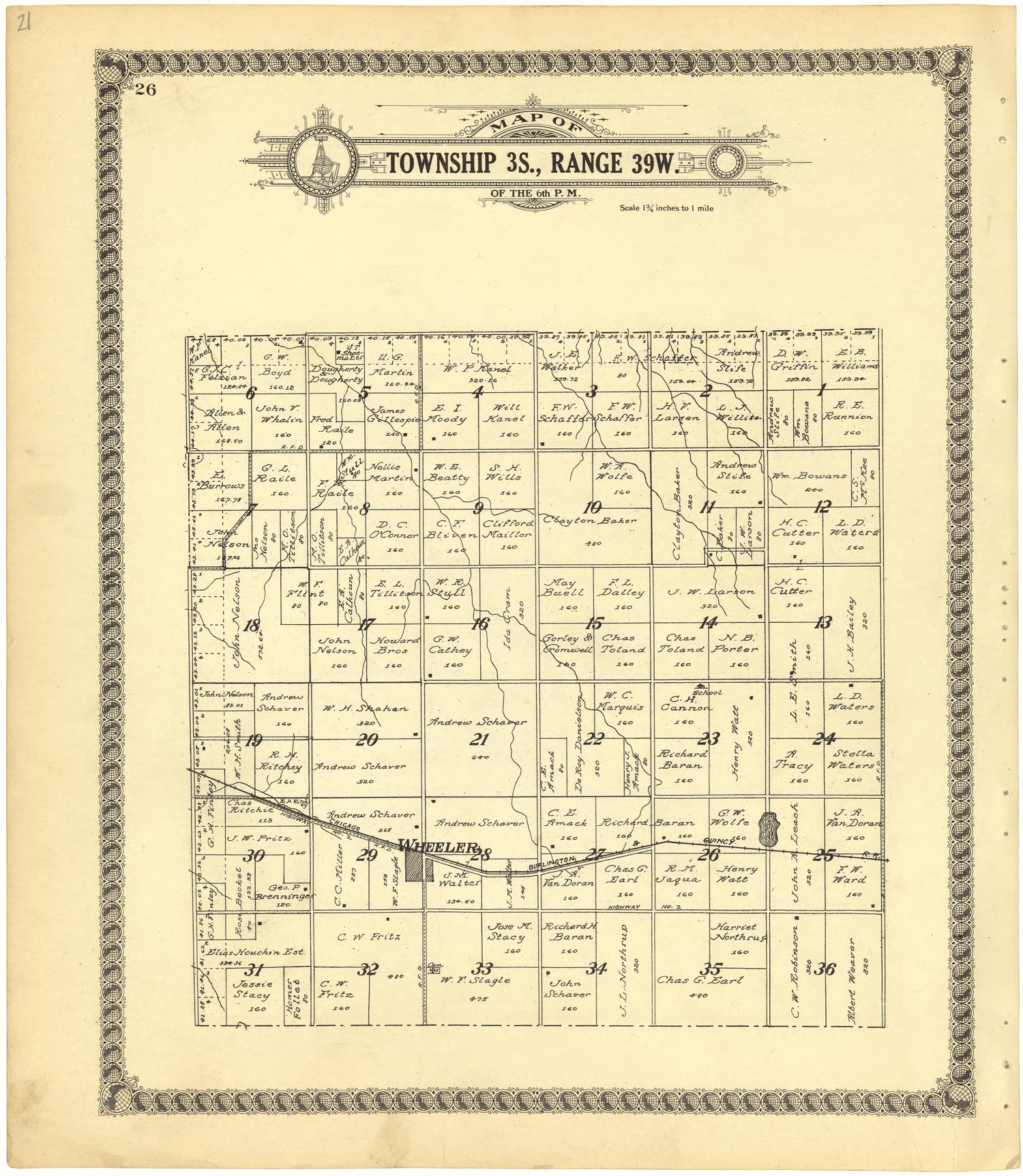 Map of Township 3S., Range 39W. of the 6th P.M. from Standard Atlas of Cheyenne County, Kansas : Including a Plat Book of the Villages, Cities and Townships of the County, Map of the State, United States and World : Patrons Directory, Reference … 1928 by Relic Map Company
