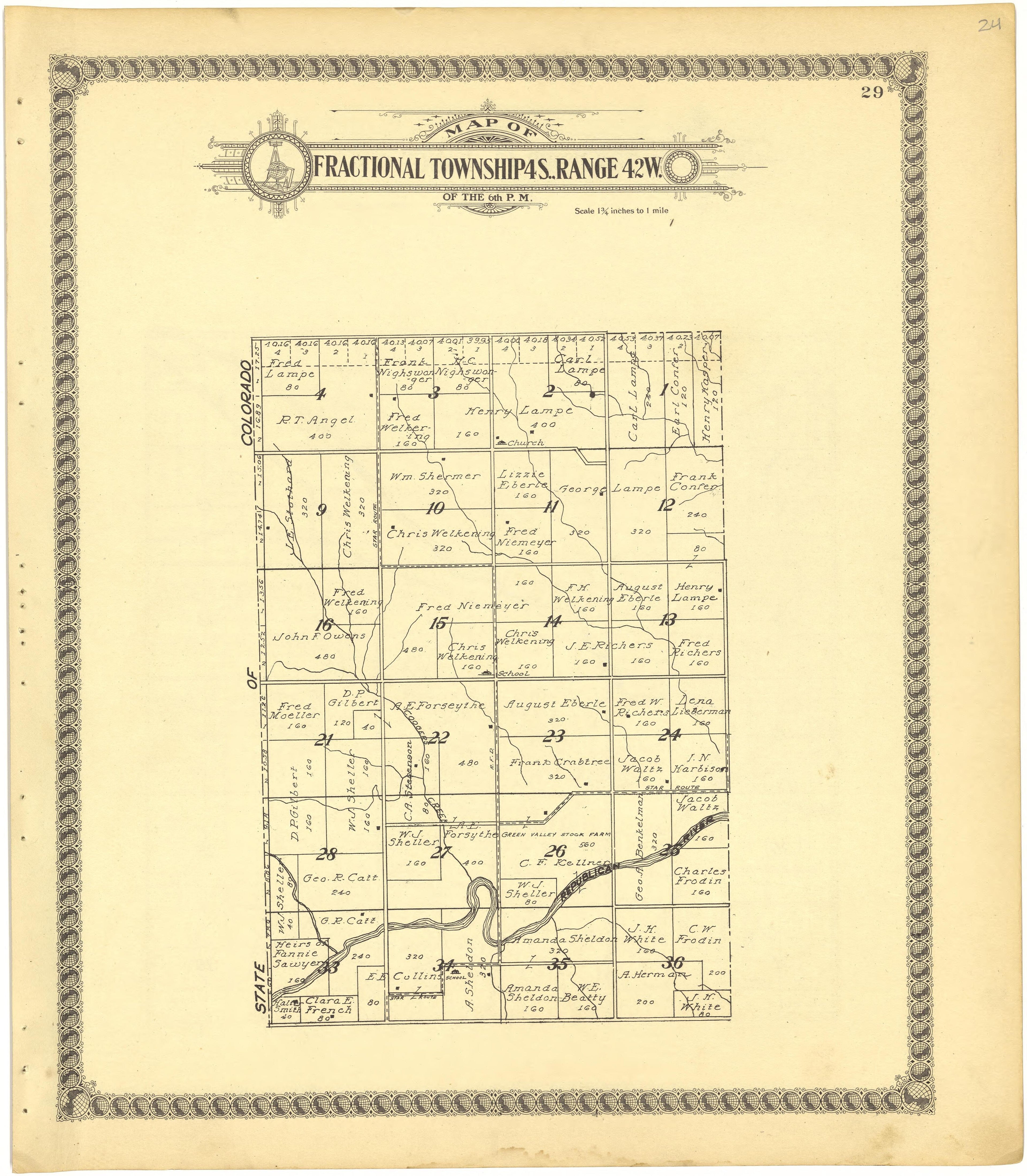 Map of Fractional Township 4S., Range 42W. of the 6th P.M. from Standard Atlas of Cheyenne County, Kansas : Including a Plat Book of the Villages, Cities and Townships of the County, Map of the State, United States and World : Patrons Directory, Refer... by Relic Map Company