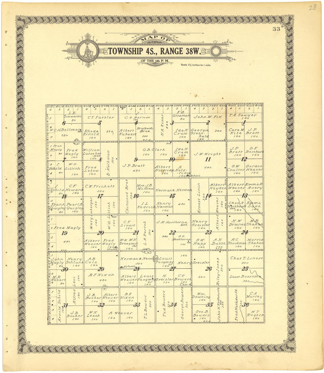 Map of Township 4S., Range 38W. of the 6th P.M. from Standard Atlas of Cheyenne County, Kansas : Including a Plat Book of the Villages, Cities and Townships of the County, Map of the State, United States and World : Patrons Directory, Reference … 1928 by Relic Map Company