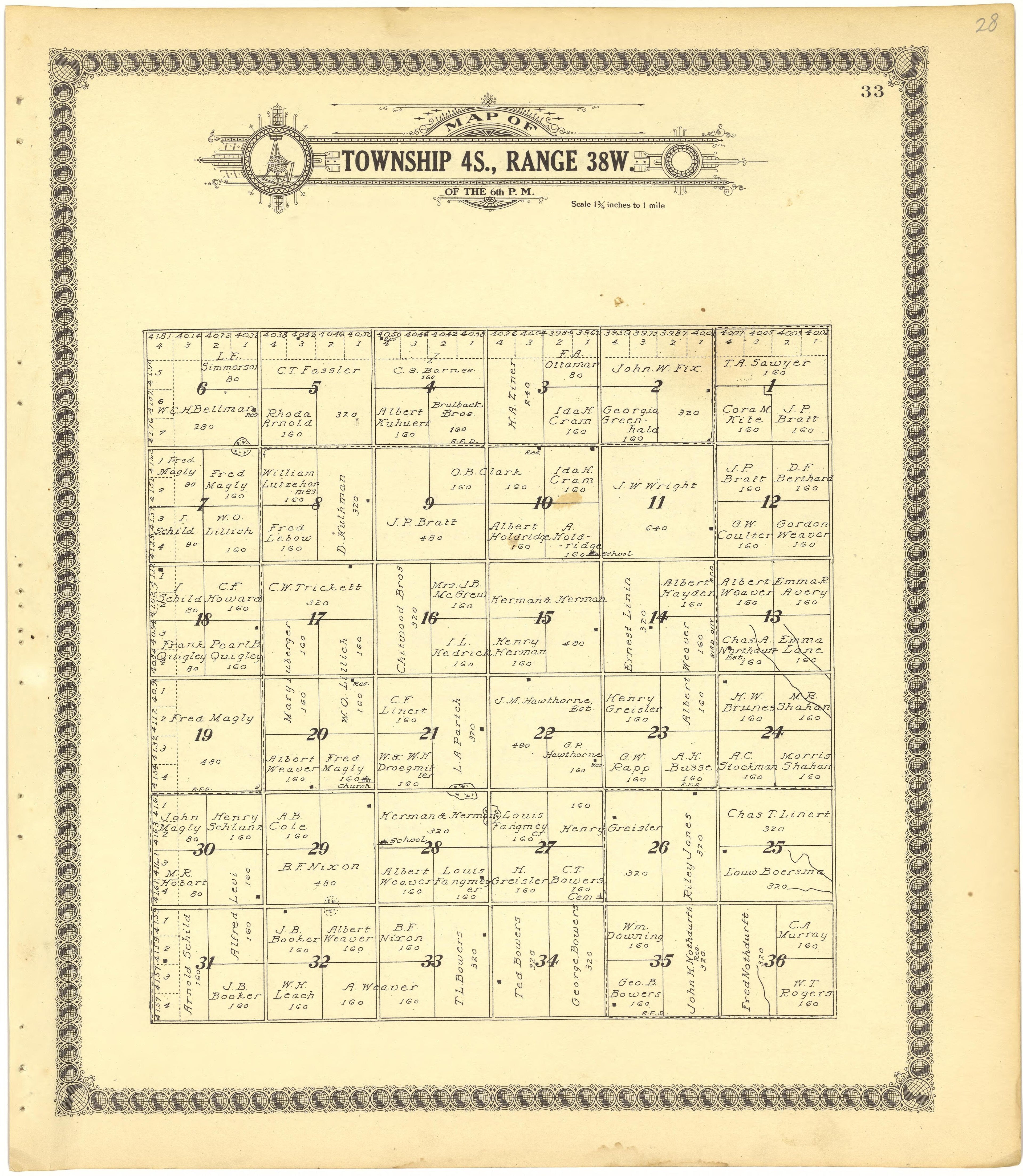 Map of Township 4S., Range 38W. of the 6th P.M. from Standard Atlas of Cheyenne County, Kansas : Including a Plat Book of the Villages, Cities and Townships of the County, Map of the State, United States and World : Patrons Directory, Reference … 1928 by Relic Map Company